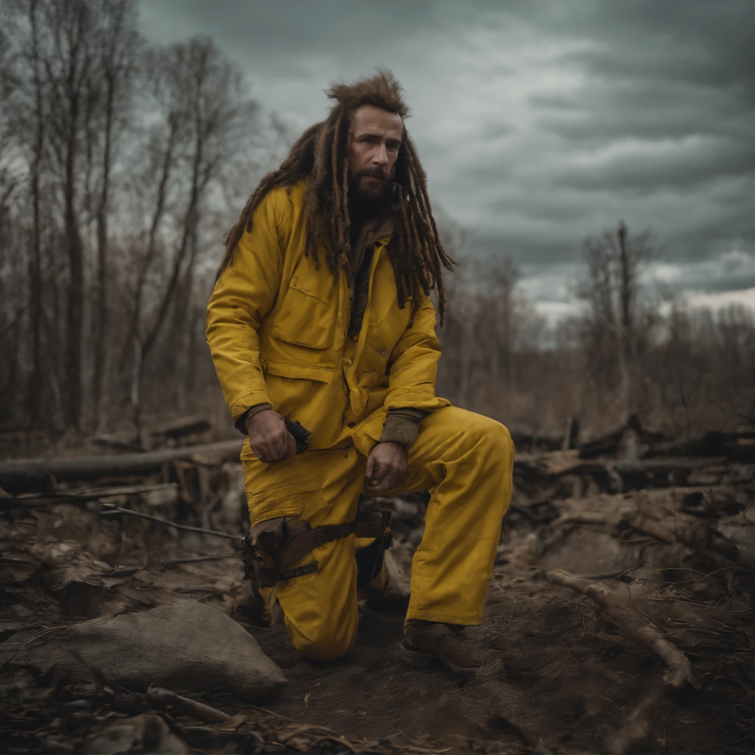 tchernobyl, photoreallistic, post apocalypse, homme en tenue NBC (jaune), dreadlocks, Pripyat, URSS, Contaminated area, highly detailed, 4K, paysage, nuage radioactif