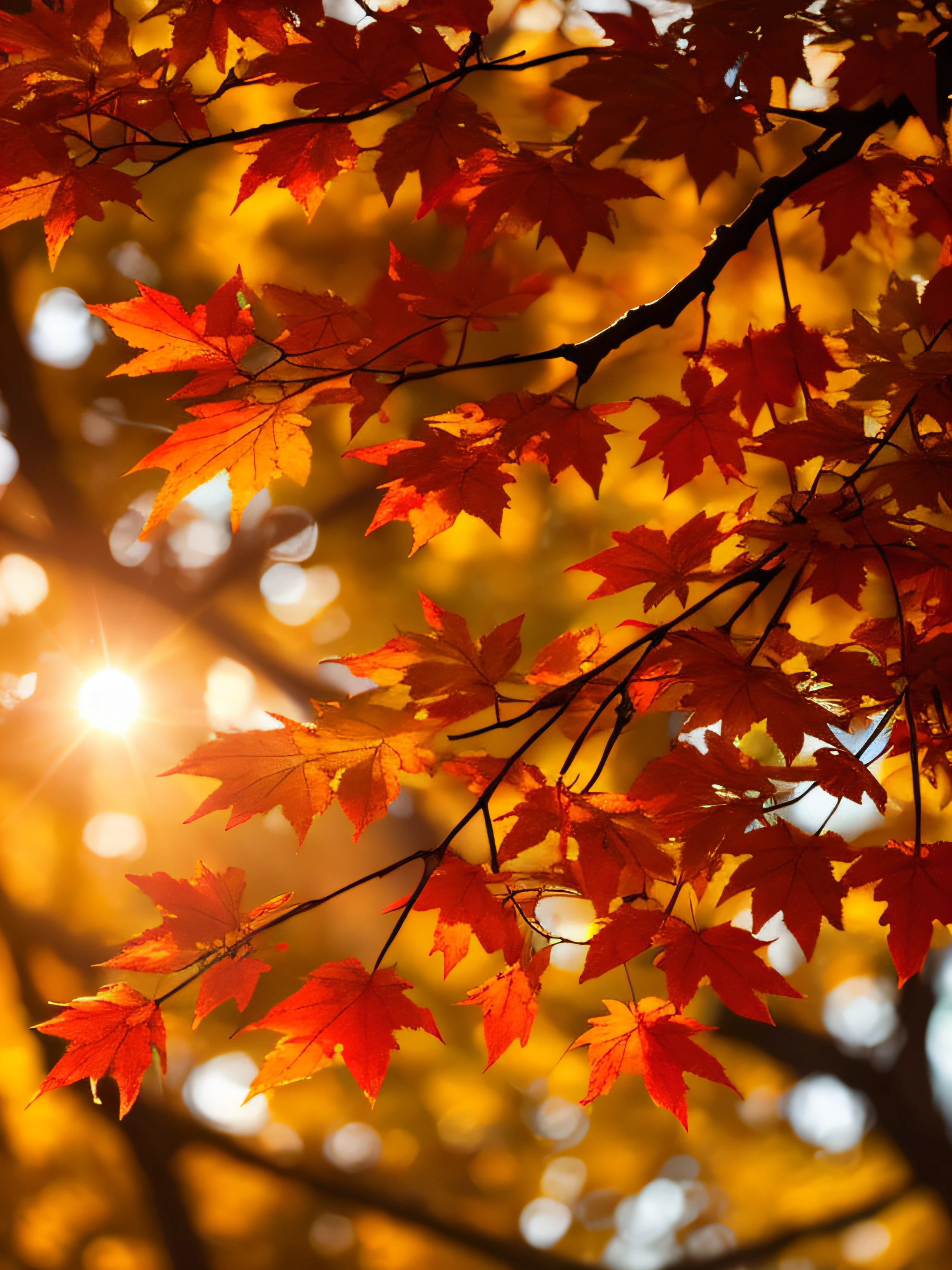 Autumn evening,Branches in the sun,Hang sunlight on the leaves,photorealestic,natural soft light,hyper-detailing,4k