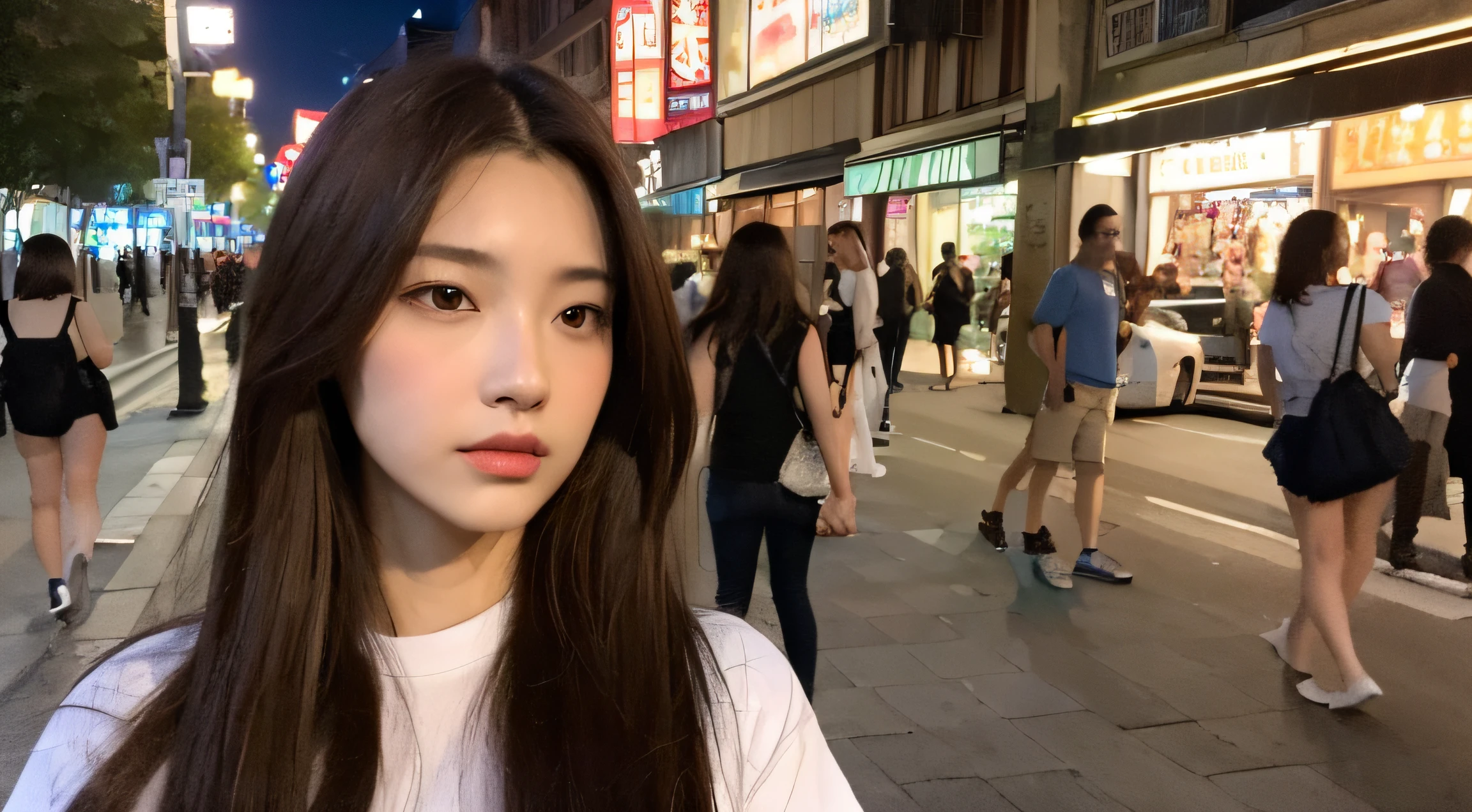 (top-quality、hight resolution、masterpiece:1.3)、Pretty women、slender figures、dark brown hair、tshirts、(Street in city at night)、Highly detailed facial and skin texture、A detailed eye、二重まぶた、Italy