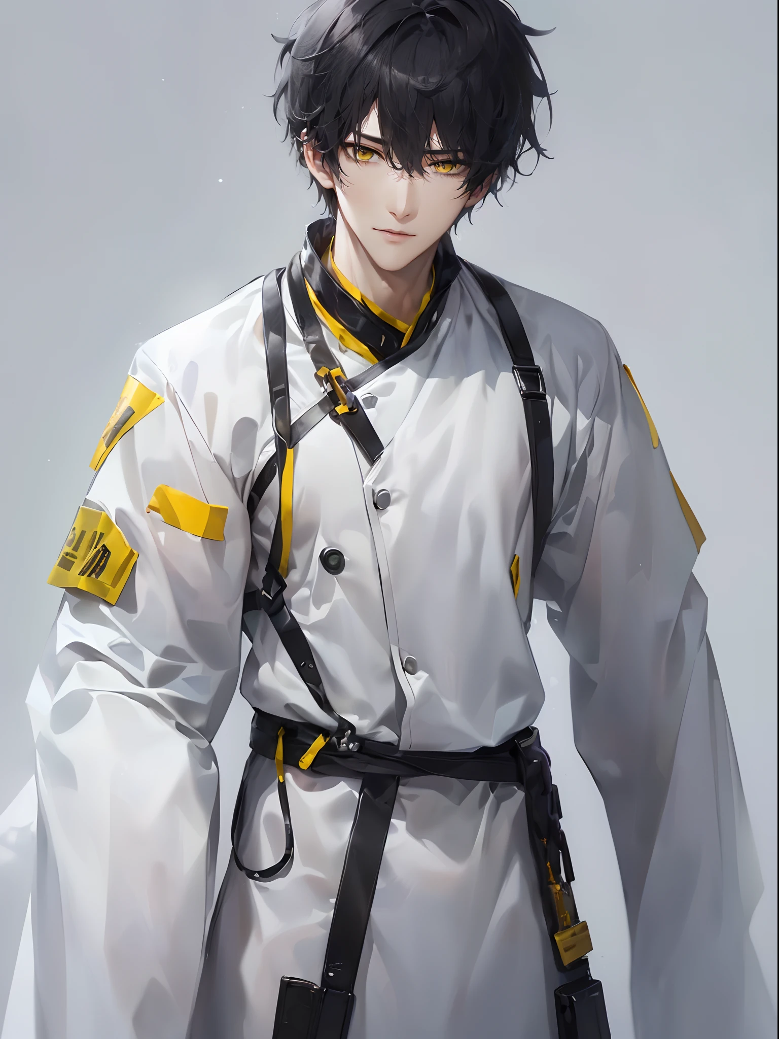 (4K works))、​masterpiece、(top-quality)、((Cool gray background))、Taking Artist Photos、Model photo、Korean Male、Adult male、((Adult 26 years old))、((Adult older brother))、((Face similar to Hyun Jin))、Cool Men、tall、((Troubled expression))、((Strong eyes))、((Fashion like a model))、((Long sleeve long trouser style))、((smaller face))、Slim body、((hooligan))、((Black short-haired))、((Yellow eyes))、((shot from front))、((Pose with hands on the head))、((Artist Photos))、((Shot alone))、((Solo Photography))、Professional Photos、((Focus zoom in))、((Upper body photography))、((Face enhancement))