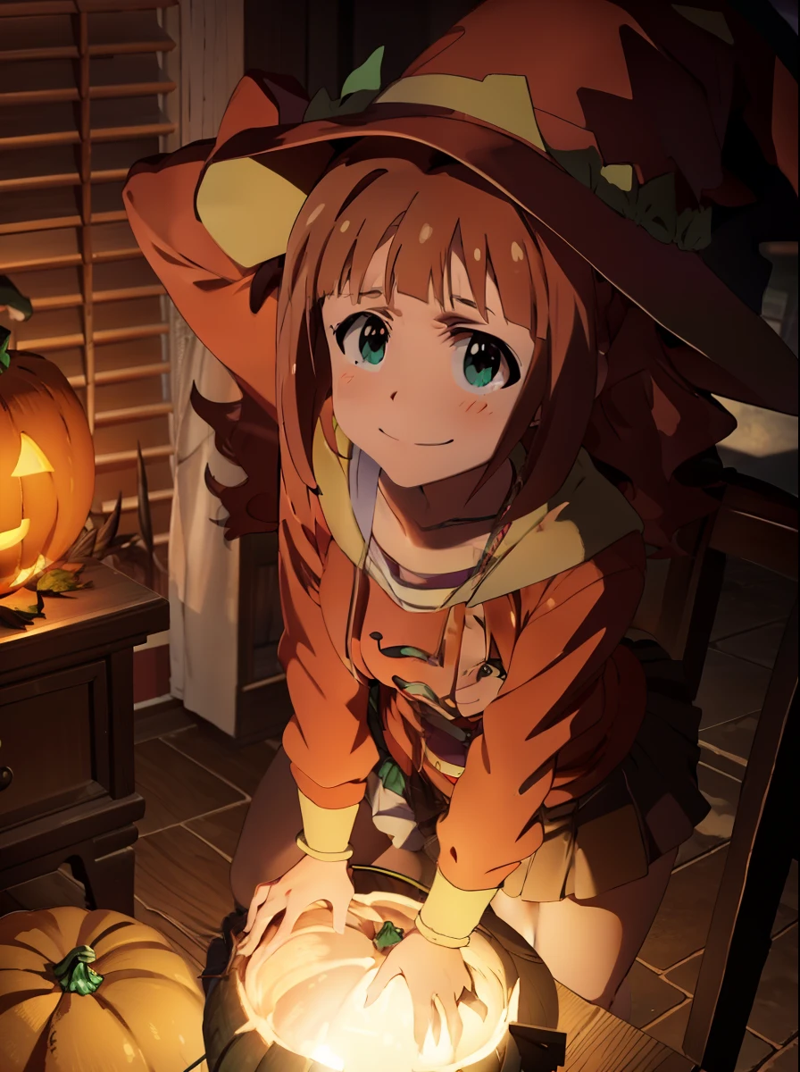 Takatsuki Yayoi、idolmaster、Halloween、witch's hat、Pumpkin skirt、a smile、Powerful poses、Masturbation with pumpkin、Rubbing the crotch on the pumpkin