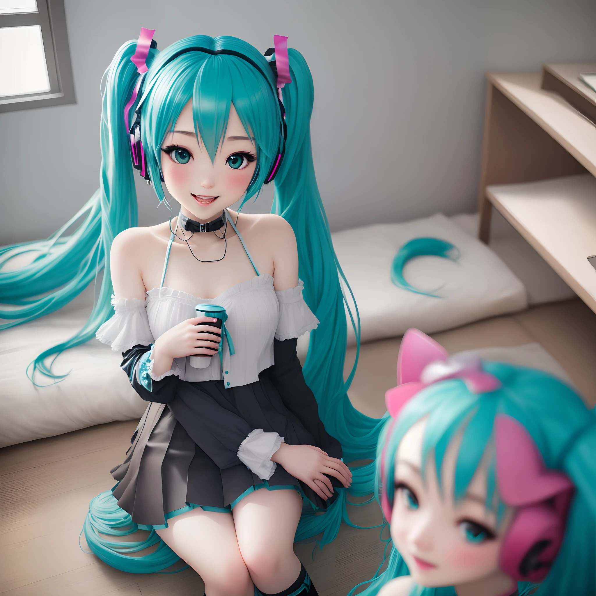 hatsune miku, ((no clothes) (no bras) (no panty)), ((uncensored) (totally naked) (pussy)), winter fest, next to a snow statue, panda earmuffs --auto --s2