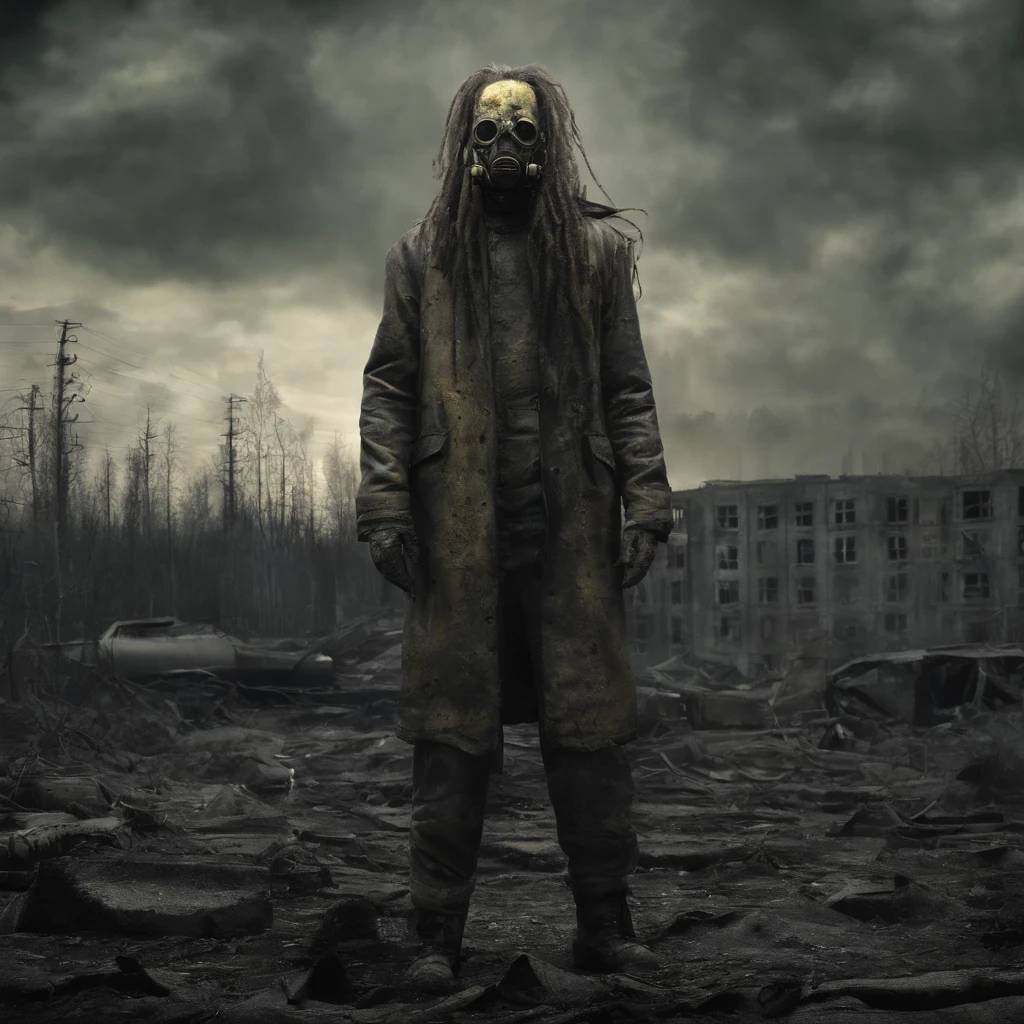 tchernobyl, photoreallistic, post apocalypse, homme en tenue NBC (jaune), dreadlocks, Pripyat, URSS, Contaminated area