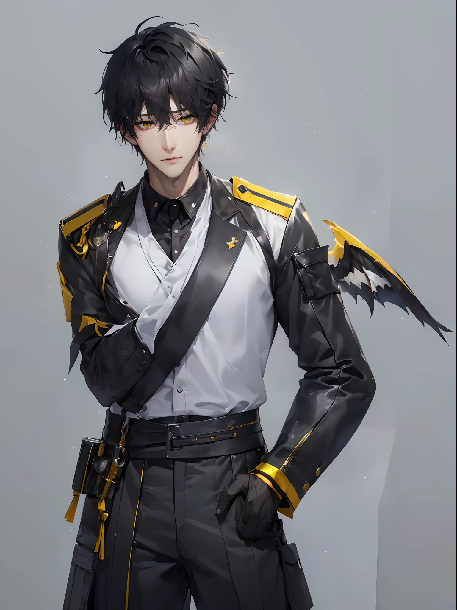 (4K works))、masterpiece、(top-quality)、((Cool gray background))、Taking Artist Photos、Model photo、Korean Male、Adult male、((Adult 26 years old))、((Adult older brother))、((Face similar to Hyun Jin))、Cool Men、tall、((Troubled expression))、((Strong eyes))、((Fashion like a model))、((Long sleeve long trouser style))、((smaller face))、Slim body、((hooligan))、((Black short-haired))、((Yellow eyes))、((shot from front))、((Pose with hands on the head))、((Artist Photos))、((Shot alone))、((Solo Photography))、Professional Photos、((Focus zoom in))、((Upper body photography))、((Face enhancement))