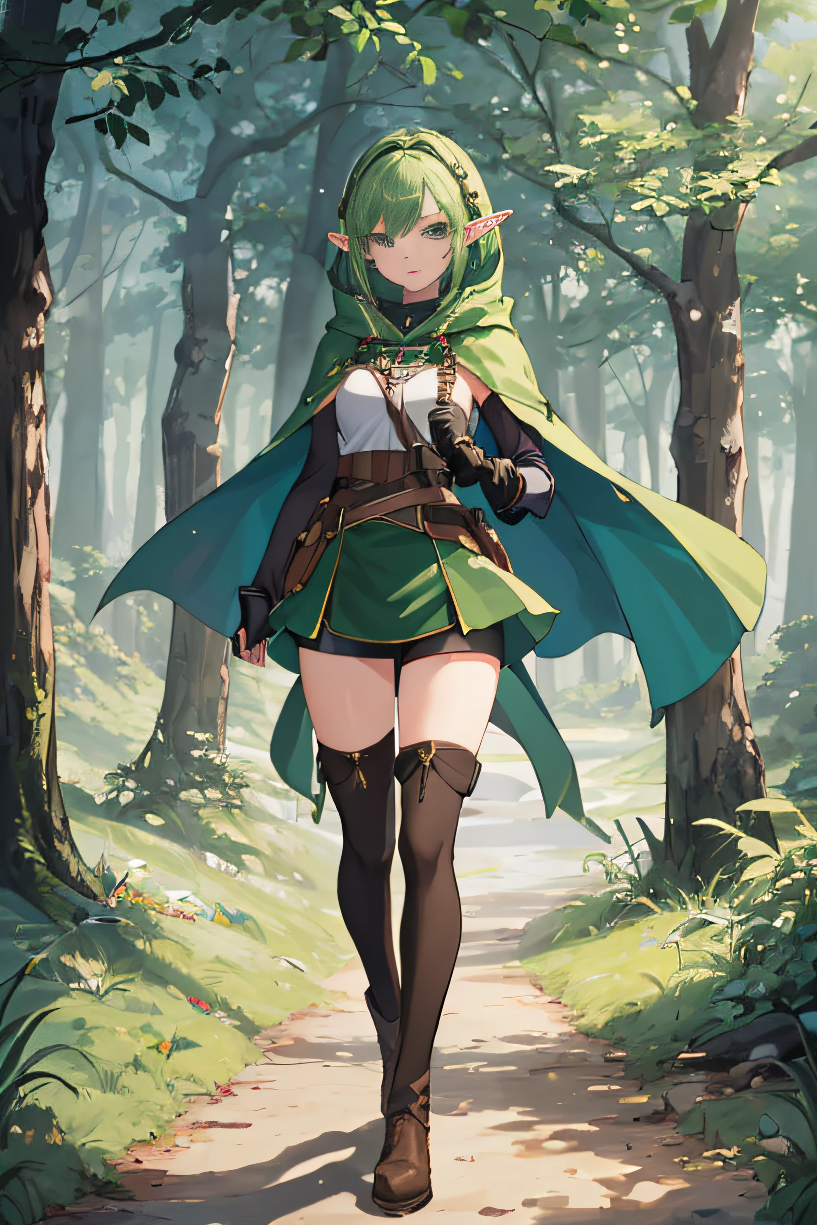 masterpiece,best quality,anime,2d,detailed face,
1girl, solo, thigh boots, pointy ears, gloves, boots, green hair, forest, brown footwear,full body, blue eyes, elf, elbow gloves, brown gloves, cape, short hair, green underwear, standing, looking at viewer, green cape, shirt,