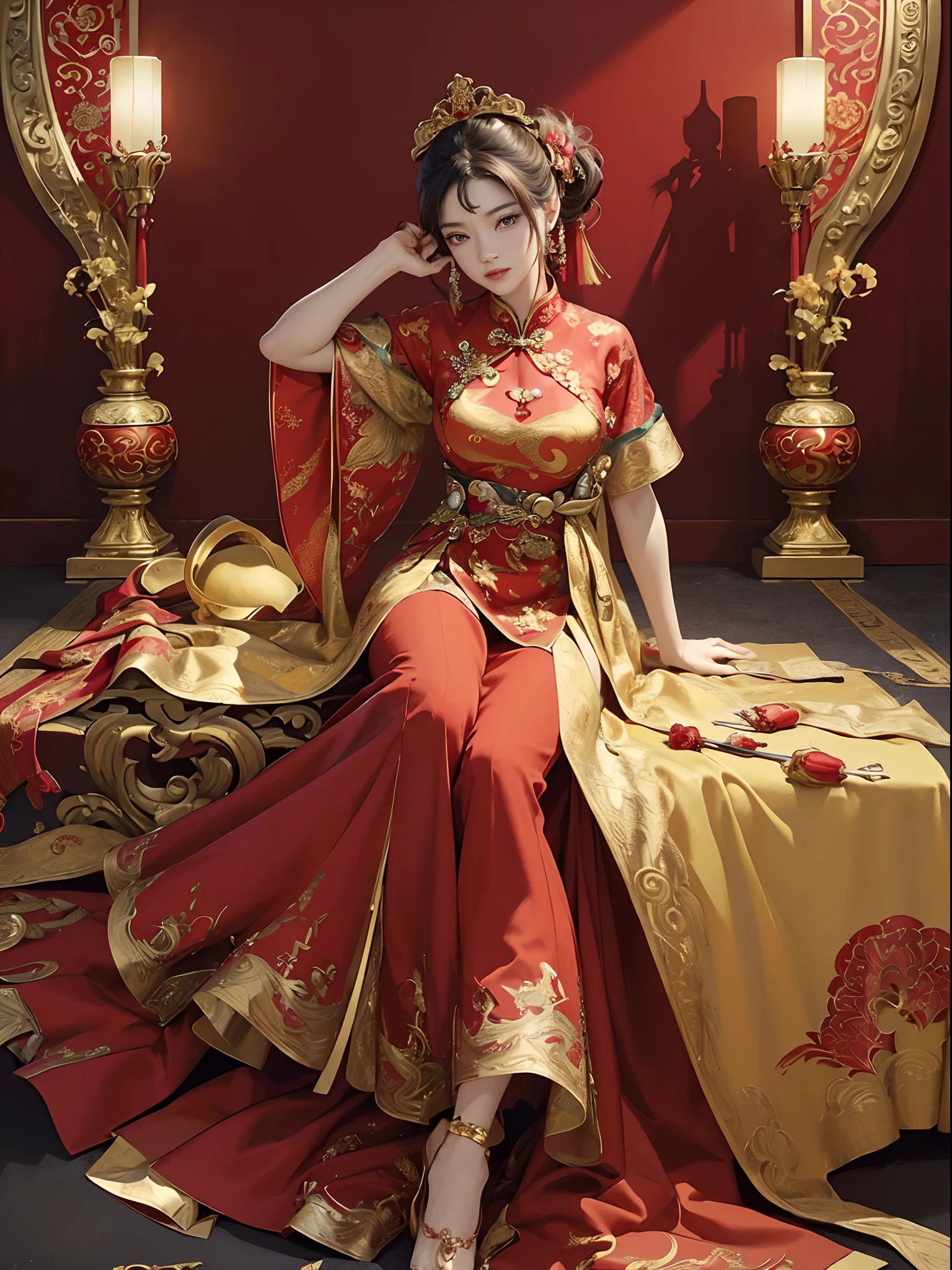 Red and gold tones、Vibrant colors、((masterpiece)))、(((top-quality)))、((ultra-detailliert))、(A hyper-realistic)、(highly detailed CGillustration)、Official art、Magic capital Shanghai、Decadent、Madame Papillon、matchless beauty、Fans、Gorgeous cheongsam、jewely、Perfect Angle、perfect-composition。full body Esbian