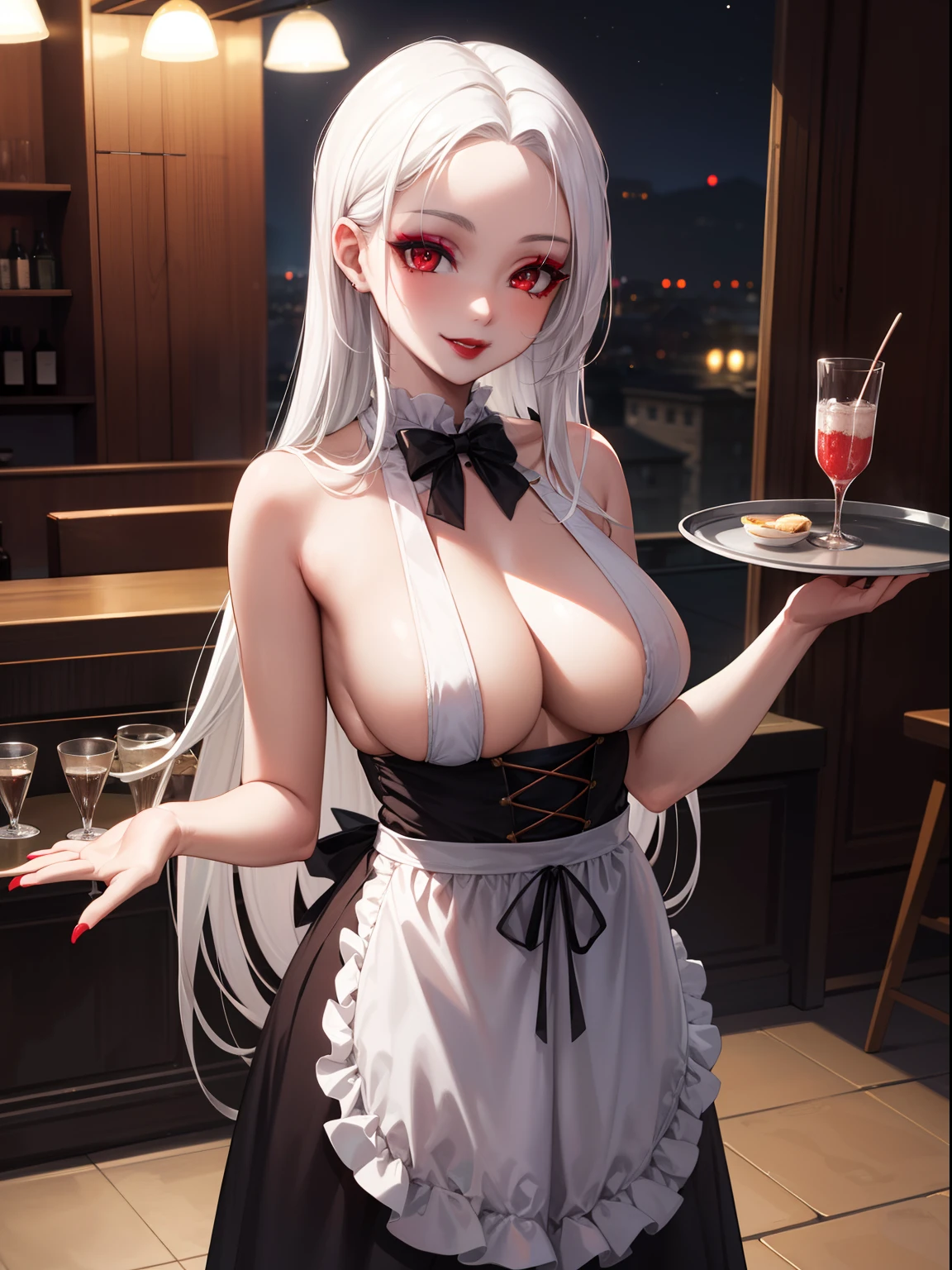 highres, masterpiece, perfect ligthing, bloom, cinematic lighting, adult, perfect skin, female,1girl,solo,red eyes,white hair,long hair,forehead,lipstick,makeup,pale skin,vampire, naked apron,bar,holding tray,standing,light smile, night