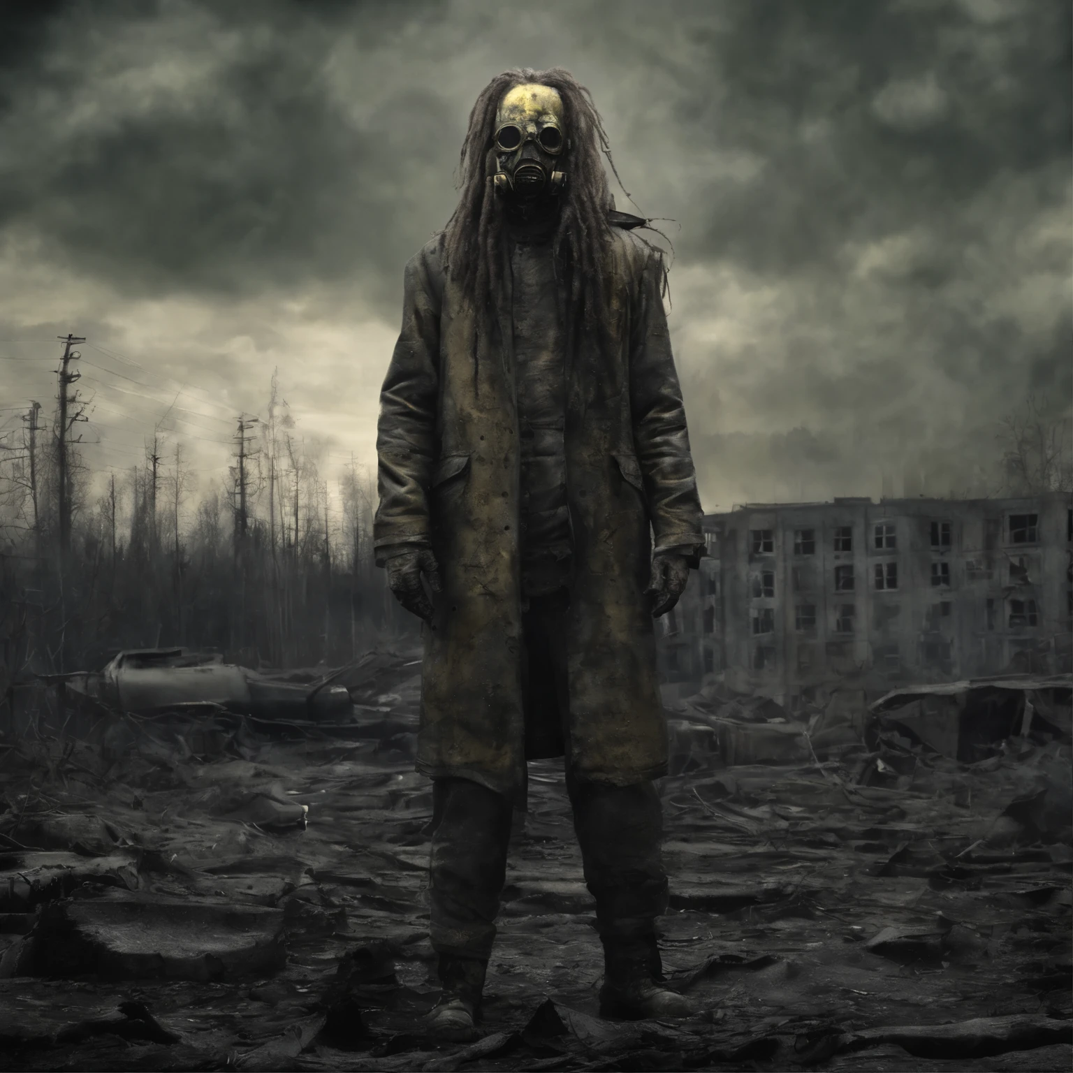 tchernobyl, photoreallistic, post apocalypse, homme en tenue NBC (jaune), dreadlocks, Pripyat, URSS, Contaminated area