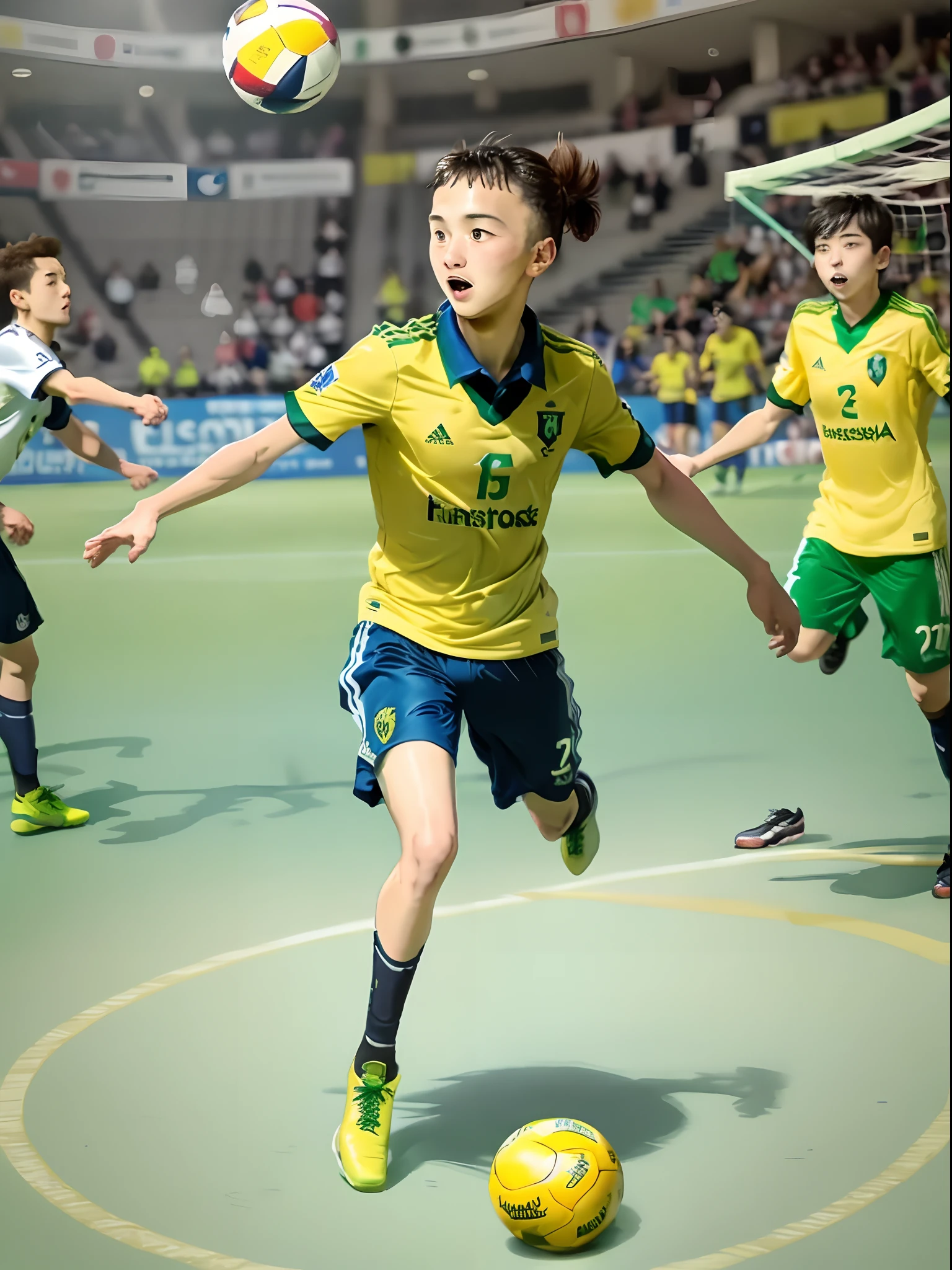 Futsal player wearing green and yellow shooting on goal