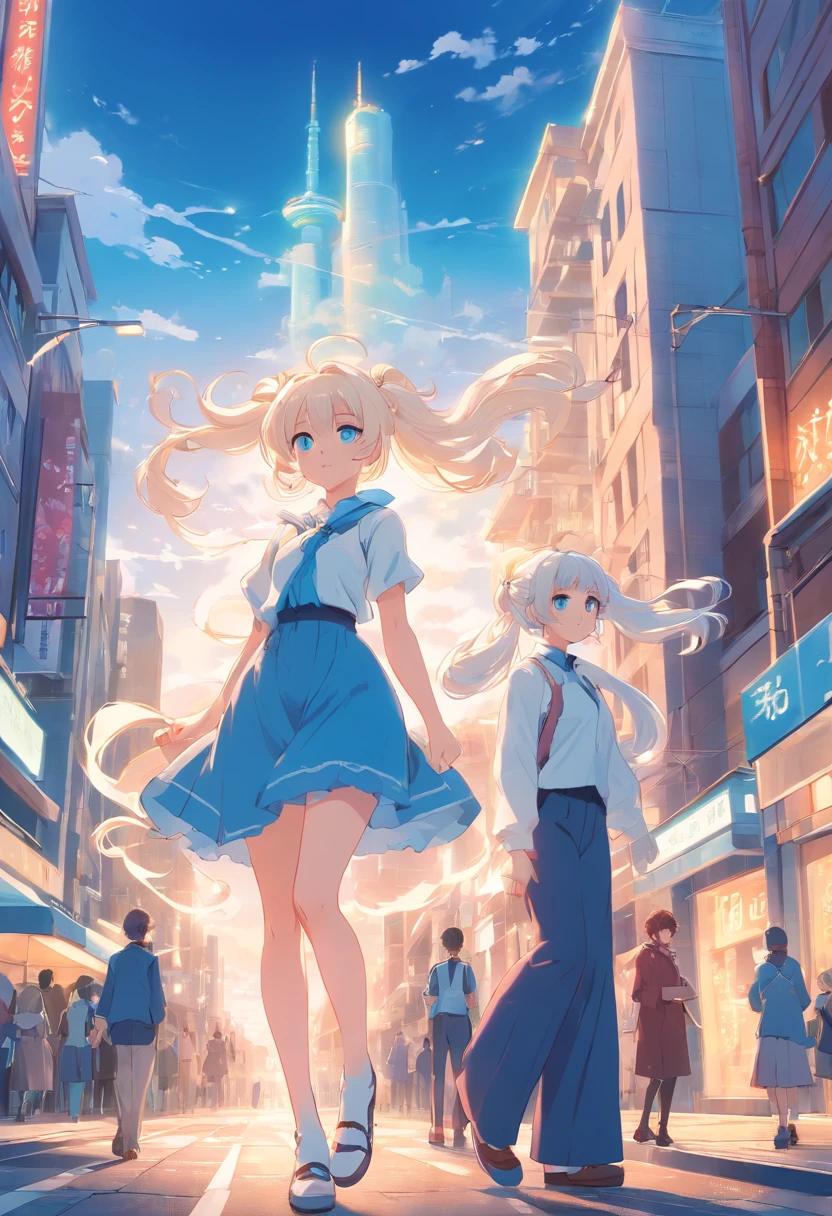 White color hair,Double ponytail curls,blue color eyes,White ta,Beth,A bustling city street