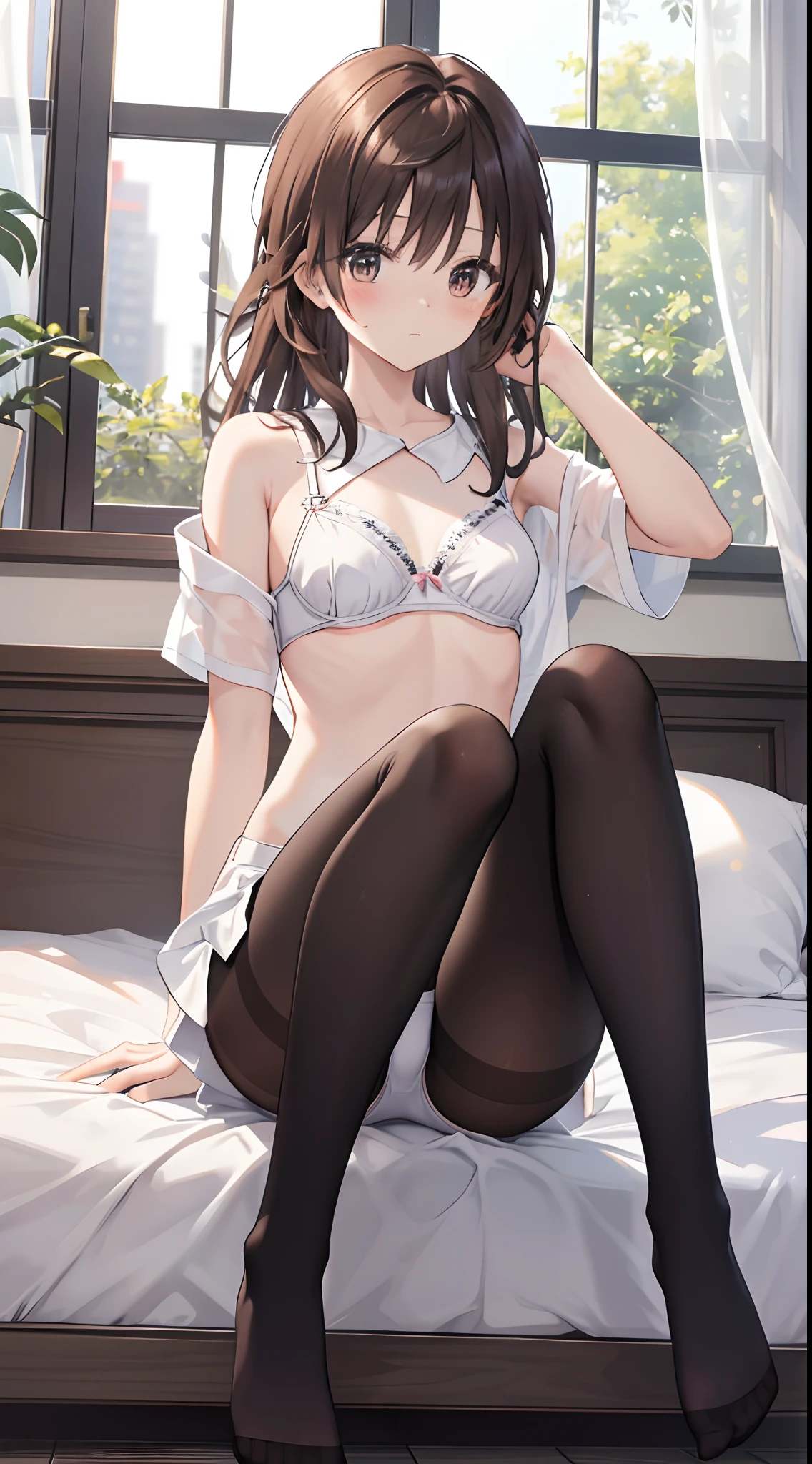 Yui Kotegawa、Yui Kotegawa、Mature and slender body shape１Japan of people１８Year old girl、Long hair that is a little disheveled、Full body from head to leg、Composition from slightly below、Sitting facing the front、M-shaped legs、Holding your feet、small tits、High school girl in underwear、White bra、white  panties、Black pantyhose、(Black_pantyhose):1.2)、Show white panties through stockings、No shoes、Bedrooms、inside in room、during daytime、blushing、looking at the viewers、Panchira、Composition from the front、watching at viewers、Slender feet、Slender thighs、Slim toes、White panties are visible