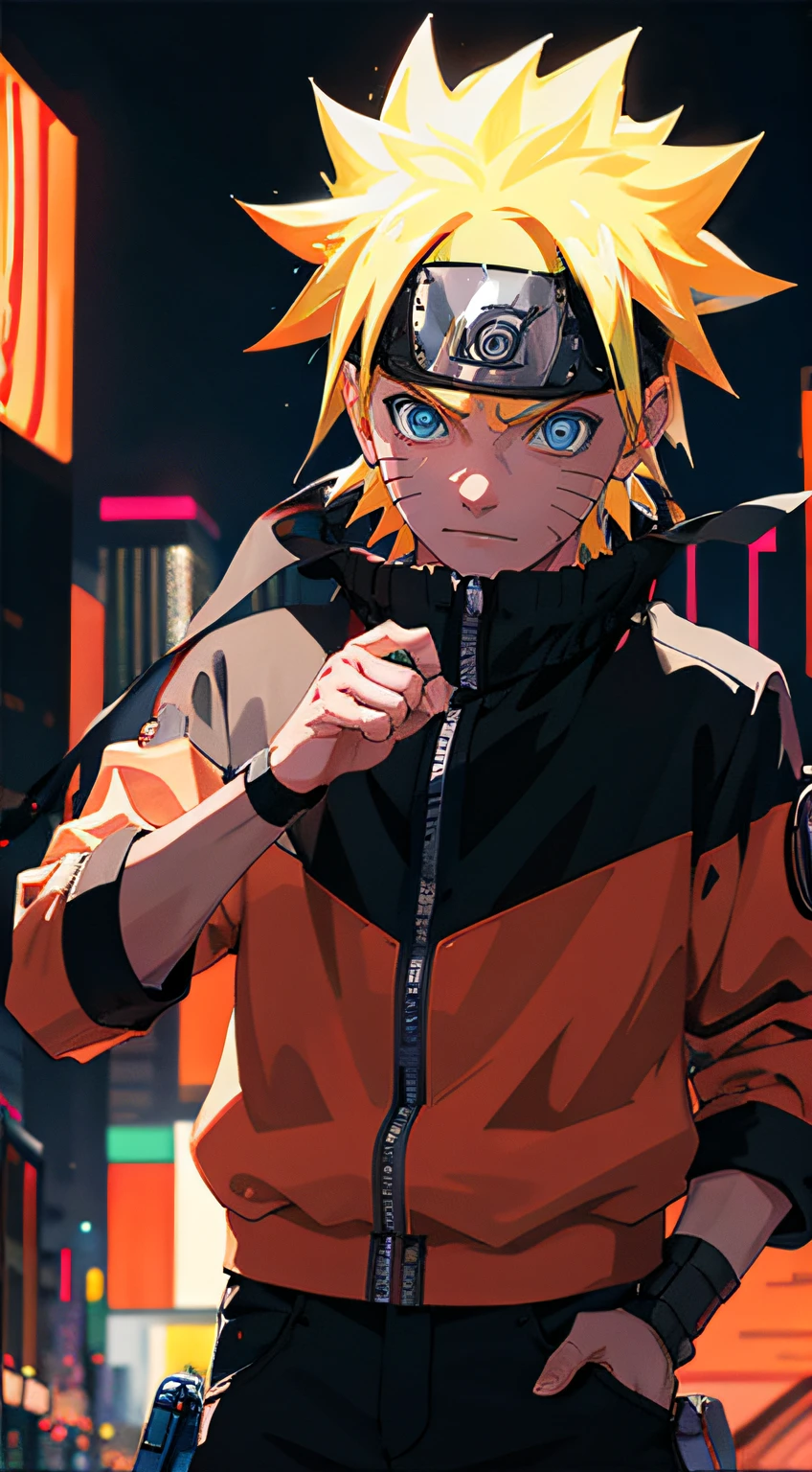 portrait, neon, 1 boy, shonen style, spiky blonde hair, scratches on cheeks, black and red clothing, leather jacket, jeans, boots, bandana with leaf symbol, perfect eyes, cool, blue eyes, full body, color --name Naruto Uzumaki --night background city with futuristic buildings and holograms