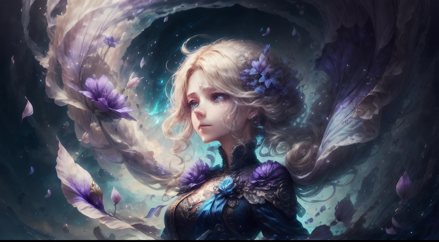 (dynamic angle:1.3),extreme closeup,windy,cinematic highlight,1girl,upper body,dacing,looking at viewer, violet_evergarden, solo, jewelry, blank eyes,brooch, blonde_hair,( vevry long hair:1.2),floating hairlong_sleeves, ribbon, blue_eyes, jacket, dress, gem, hair_ribbon,sky, depth_of_field, a close view of flying petal,