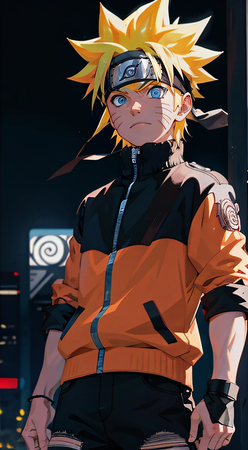 portrait, neon, 1 boy, shonen style, spiky blonde hair, scratches on cheeks, black and red clothing, leather jacket, jeans, boots, bandana with leaf symbol, perfect eyes, cool, blue eyes, full body, color --name Naruto Uzumaki --night background city with futuristic buildings and holograms
