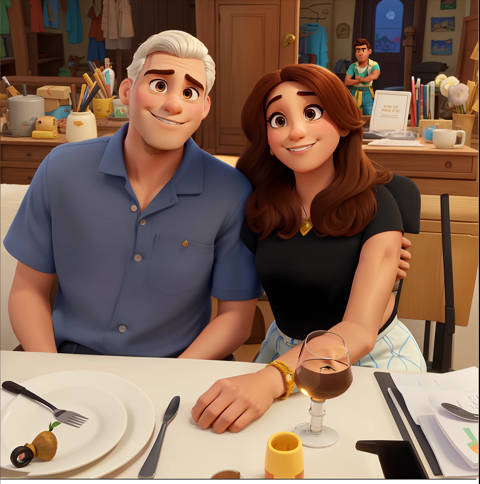 Um casal, homem sem cabelo e mulher morena estilo disney pixar, alta qualidade, mehor qualidade