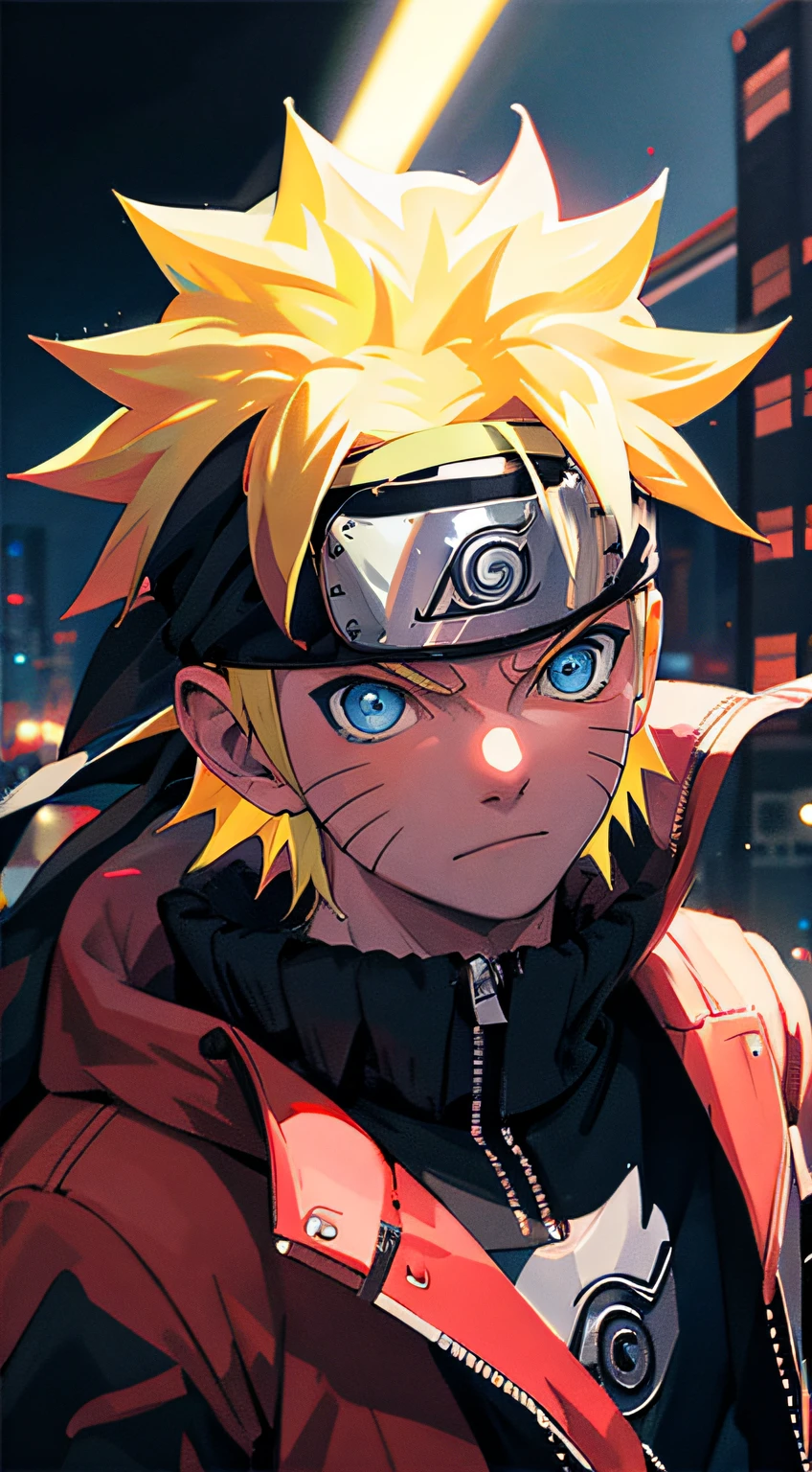 portrait, neon, 1 boy, shonen style, spiky blonde hair, scratches on cheeks, black and red clothing, leather jacket, jeans, boots, bandana with leaf symbol, perfect eyes, cool, blue eyes, full body, color --name Naruto Uzumaki --night background city with futuristic buildings and holograms