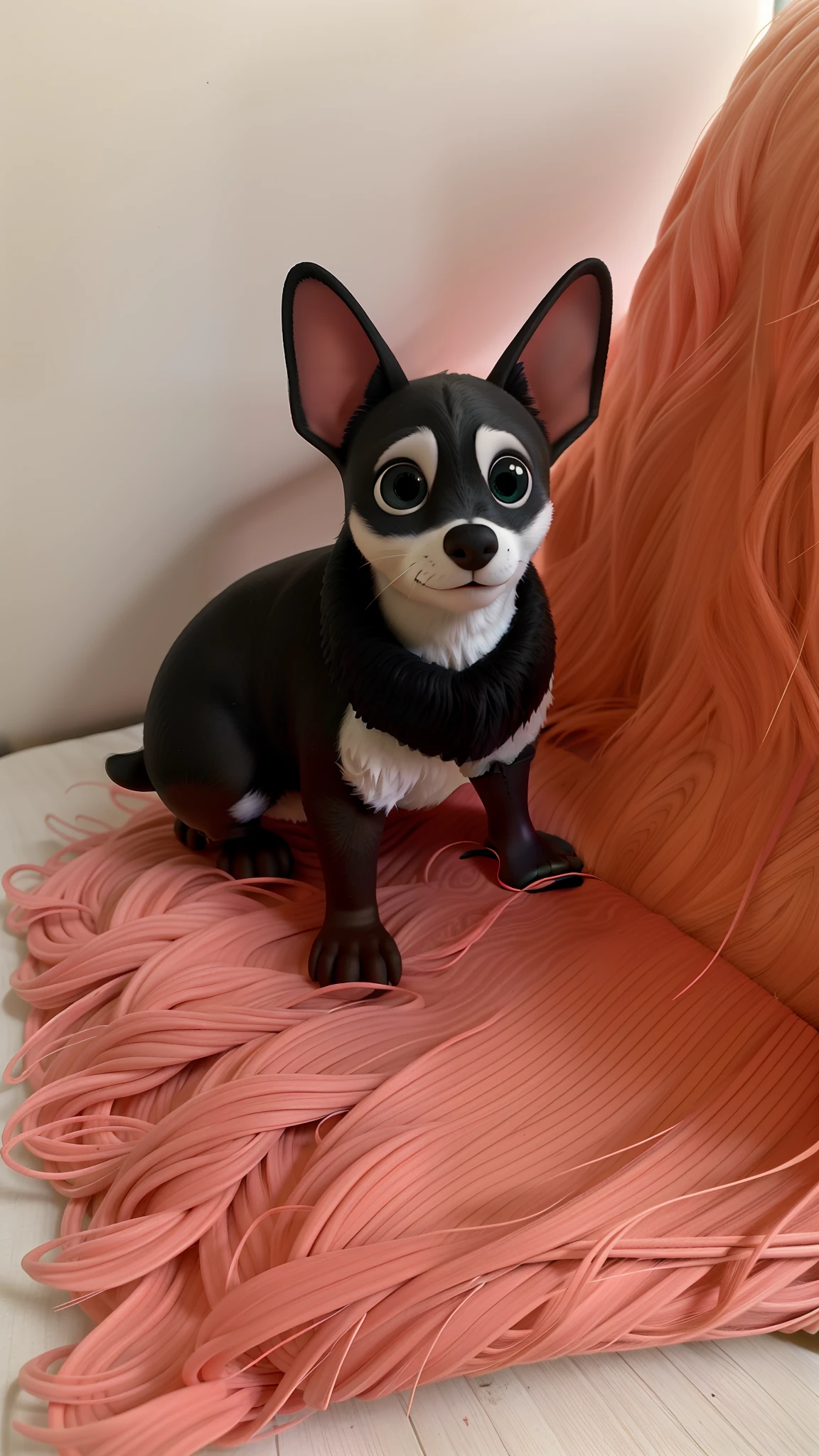 Uma ?????? pinsher porte pequeno, graciosa, da cor preta, em cima da cama