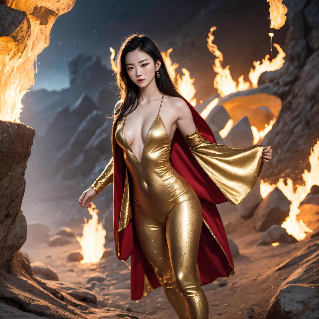 cinematic cgsociety，Flying Nine-Tailed Light Blue Sky Division Flame Long-haired Fox Star，een Erotica，Torch night black golden orange brocade silk snake print silk pants，Rouge diamond tulle sheer lizard-patterned leggings，Fat woman space fly in the snow，Front view，Pure transparency，Wear boxing gloves，Wear thick-framed reflective sunglasses with gold wire，Panorama ultra-wide angle，extremely happy，The texture of the real person is delicate，Strong visual impact，hyper-detailing，Dream girl，Refined face，prettyeyes，Hair strands float in the air， cherry Models，Zhou Xiaotong，crystal-clear，Good sense of perspective，Light and shadow effects，16K smooth，Surface reflected light,，Tropical canyon battle scene、Chinese big breasts、Quaint、three kingdom、ember、100 people、Telephoto vista（CG）、Intense CG battles、high detal、masuter piece、NSFW，Multi-layered long-sleeved gauze garment，Quick-dry vest，Linen sweater，Crocodile skin cape，golden shoulder pads, Silver hammer pattern cape, Burgundy body hair，Water vapor female spy，Shower buttocks green fruit milk jelly flat chest，Pine silk fish net knee brace space dance，Hexagonal prism，Put on a pineapple knife sprinkled with gold，extremely happy，Boundy winter rain（Tropical canyon battle scene）（（Scenes））(Extremely detailed Cg Unity 8K wallpaper,Masterpiece, Best quality, Ultra-detailed)He played Huang Yaoshi in the movie，