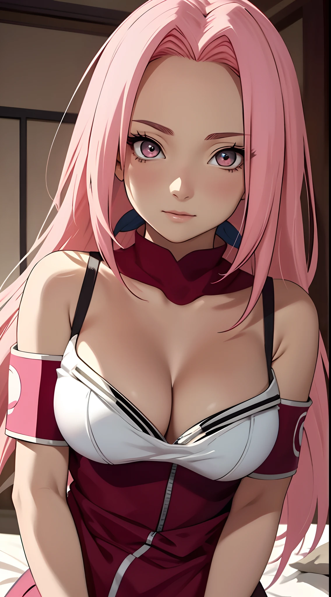 tmasterpiece， Best quality at best， 1girll，Solo， Sakura Haruno， Large breasts，Off-the-shoulder attire，（cleavage)，（upperbody closeup)，Raised sexy，is shy，with pink hair， long whitr hair， （greene eyes:1.3)， Forehead protection， Lying on a white bed，barechested