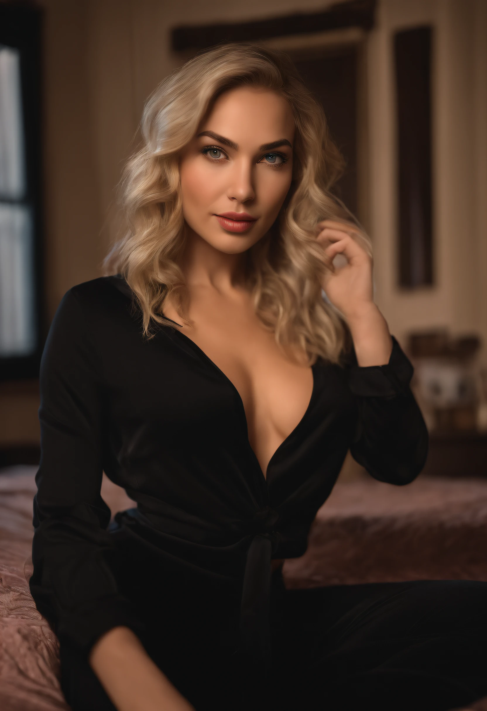 arafed woman fully , sexy girl with blue eyes, ultra realistic, meticulously detailed, portrait gal gadot blonde hair and large eyes, selfie of a young woman, bedroom eyes, violet myers, without makeup, natural makeup, looking directly at the camera, face with artgram, subtle makeup, stunning full body shot kneeling on bed, large hips, very large bust, in bedroom,