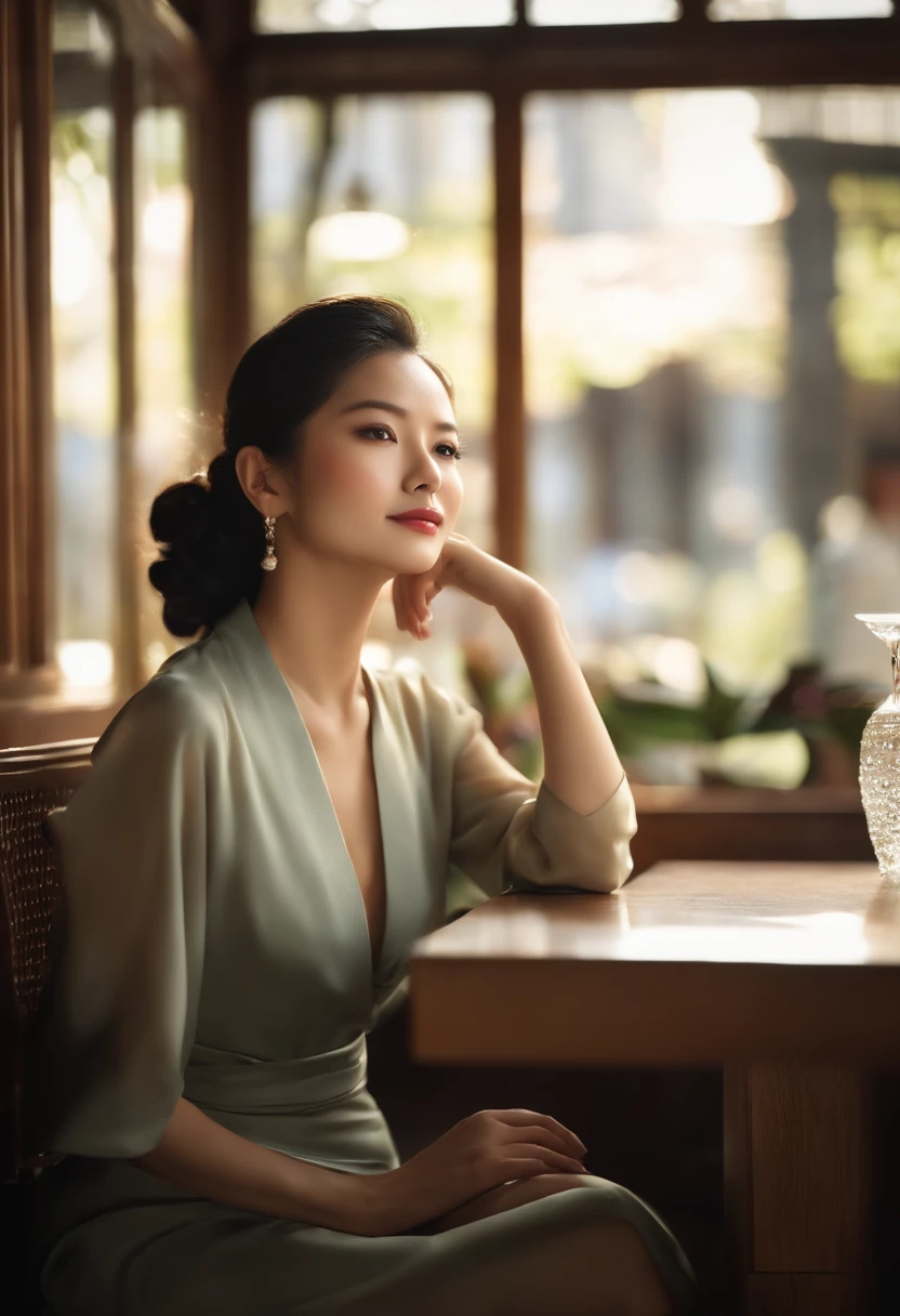 Sitting at a table in a café、sunlight streaming through window、A Japanese Lady,, Dynamic Pose, Skin Texture,, Shiny skin, (slim, Petite:1.2), [:(sharp focus on face, Detailed face, Perfect eyes, view the viewer:1.2):0.2], Photorealistic, film grains, Best Quality, masutepiece，Mature woman in her 30s、Large valleys、large full breasts、