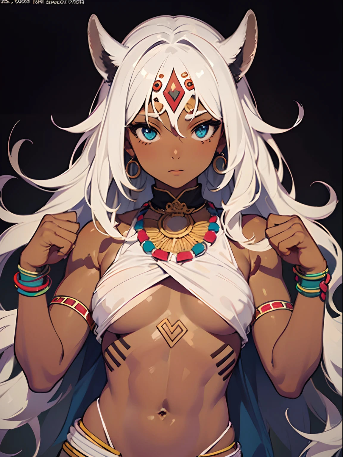 Ultra Detailed, ((1girl)), Official Art, Unity 8k ((masterpiece)), Wallpaper, fanart, commissioned art, professional artist, digital art, alluring, face, ((flat color)), ((celshade)), african ((tribal girl,)) tribal people, (dark skin), african race, (african tribe, african culture,) african skin, ((tribe warrior, fit body, buff girl)), silver hairs, (heroine), wavy hairs, long hair