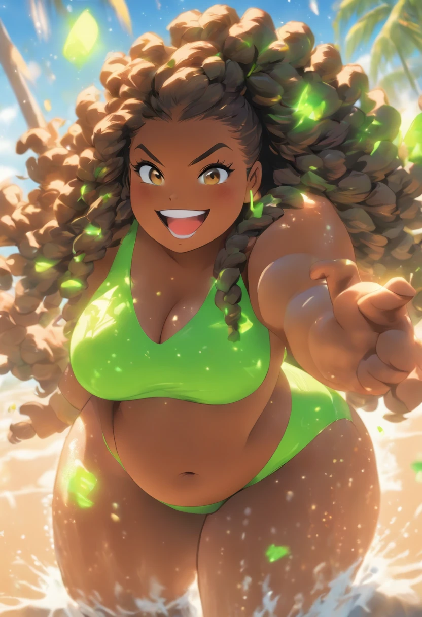 fat girl, obese girl, standing on a beach, shower, huge ass/thighs, sexy afro girl, black braids, wearing neon green bikini small cute boobs, brown glowing eyes, light mocha skin, sexy flirty smile High resolution