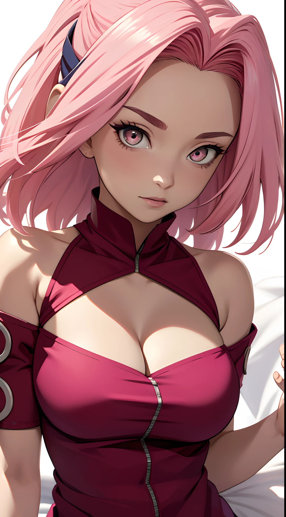 tmasterpiece, Best quality at best, 1girll,Solo, Sakura Haruno, Large breasts,Off-the-shoulder attire,(cleavage),(upperbody closeup),Raised sexy,is shy,with pink hair, long whitr hair, (greene eyes:1.3), Forehead protection, Lying on a white bed,barechested