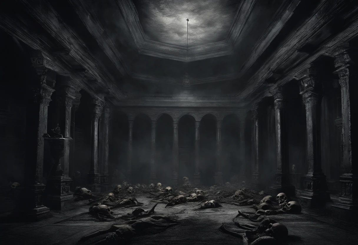 (nighttime scene), Horror, haunted, dead body, skulls, Images depicting hell, souls of the damned, vaulted ceiling, horrific, creepy, frightening, thick foggy environment, Image style painting, Realistic, Shadows, HD, High quality, Cinematic