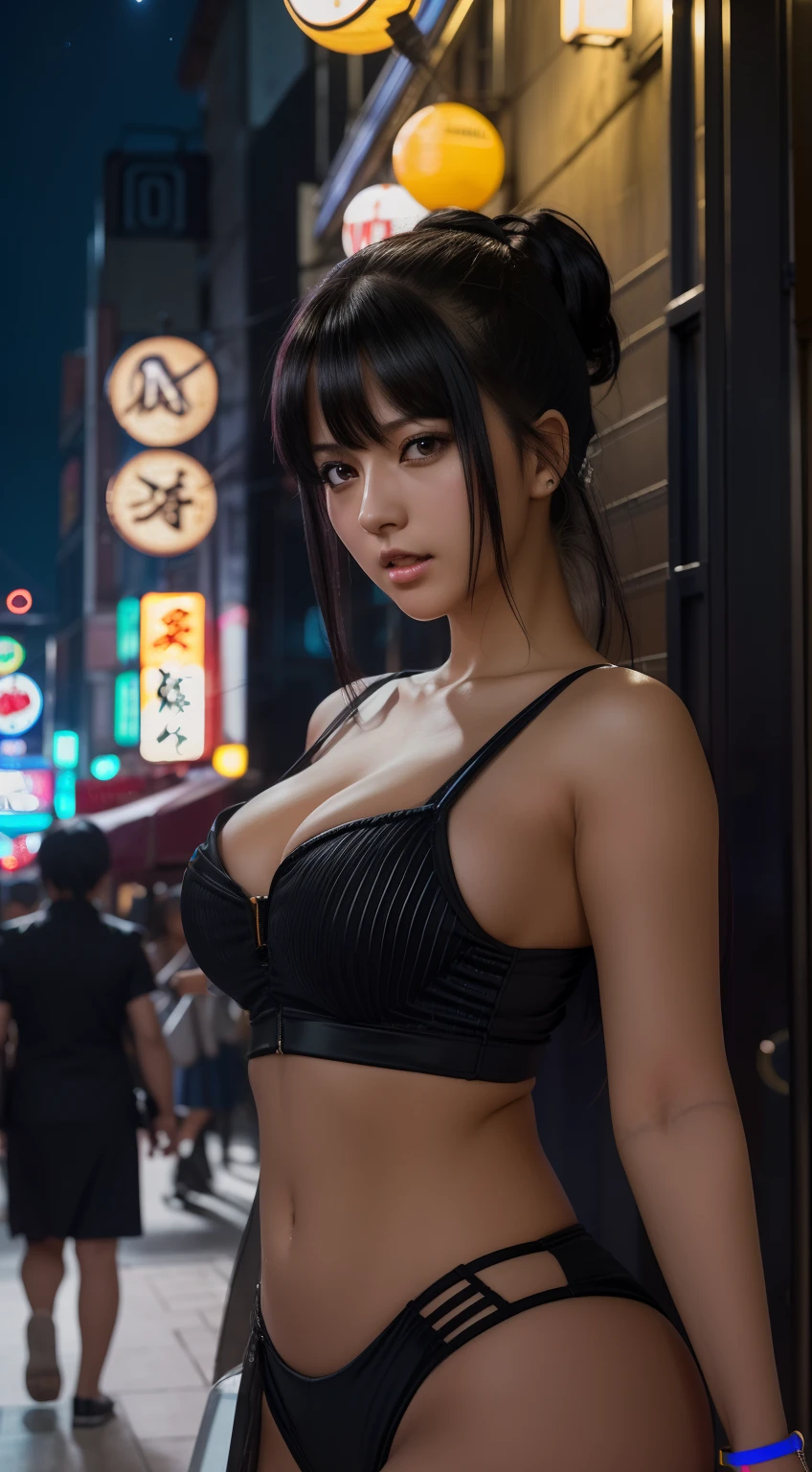 (backlighting,navel:1.1,black hair),A beautiful woman wearing school uniform on the bustling streets of Gintama, surrounded by vendors, beautiful portrait of a stunning goddess girl, beautiful detailed face, porcelain skin, half body shot, centered,((moonlight,night,big neons,strong neon lighting,rim lighting,two tone lighting))),