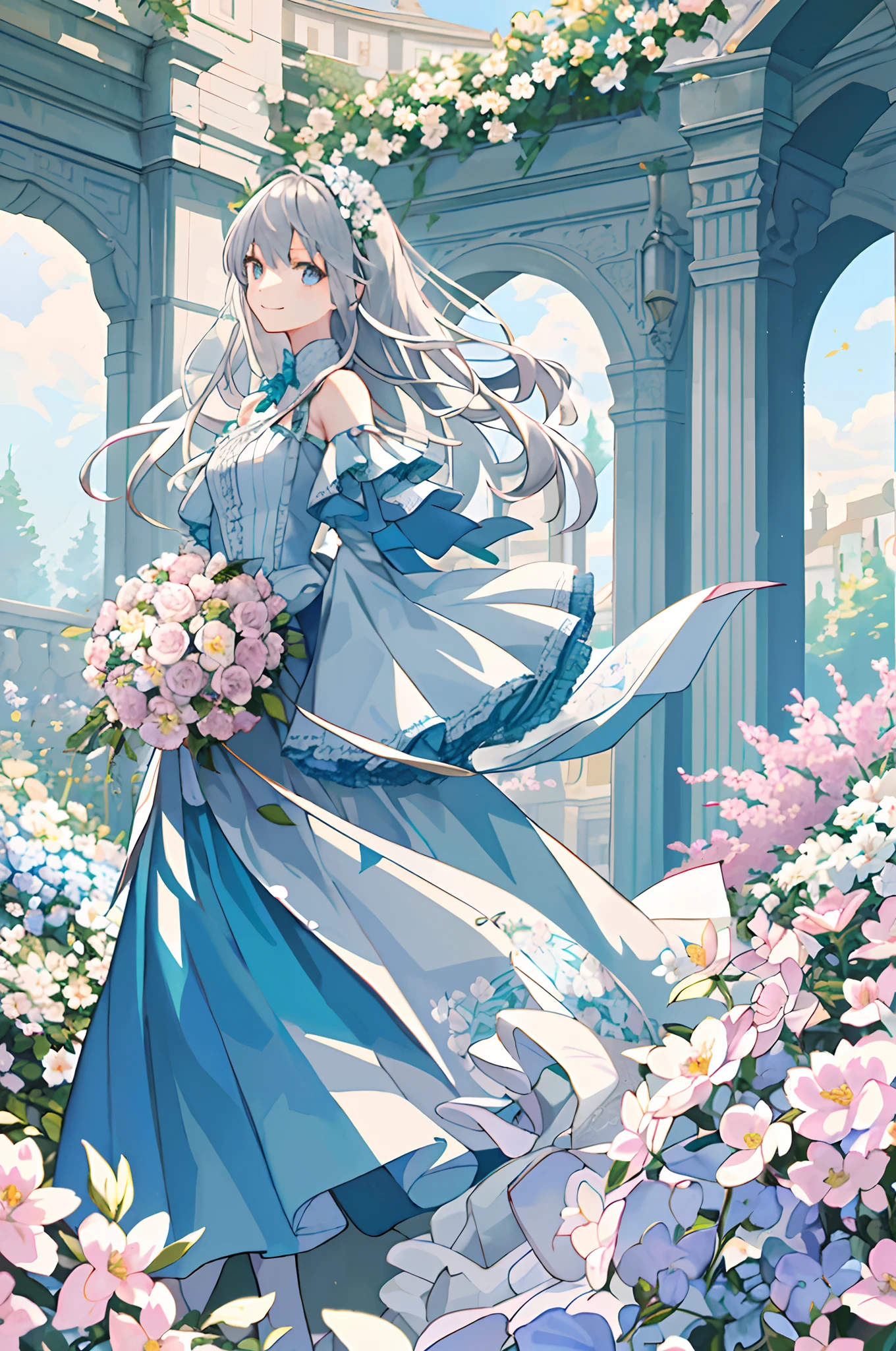 (masterpiece、top-quality、illustratio、Extremely high quality、high-level image quality、Extremely sensitive writing)Girl with long silver hair standing in beautiful flowery garden、A slight smile、She has a large bouquet、Cute national costume style dress with ruffles on the shoulders、Hair fluttering in the wind