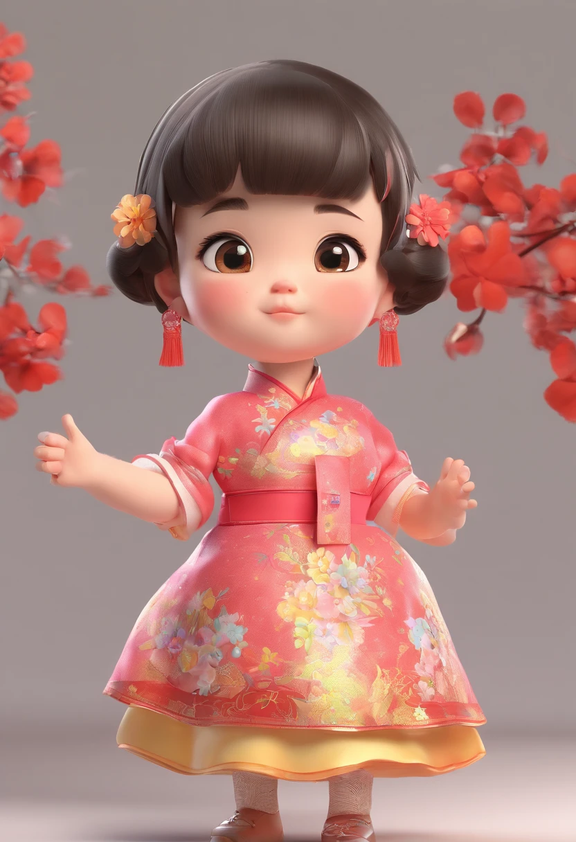 A ,Hold your arms,Frowning,Staring at you angrily,Pouting angrily,Floral half-sleeved cheongsam,Cute fat girl,A ball head