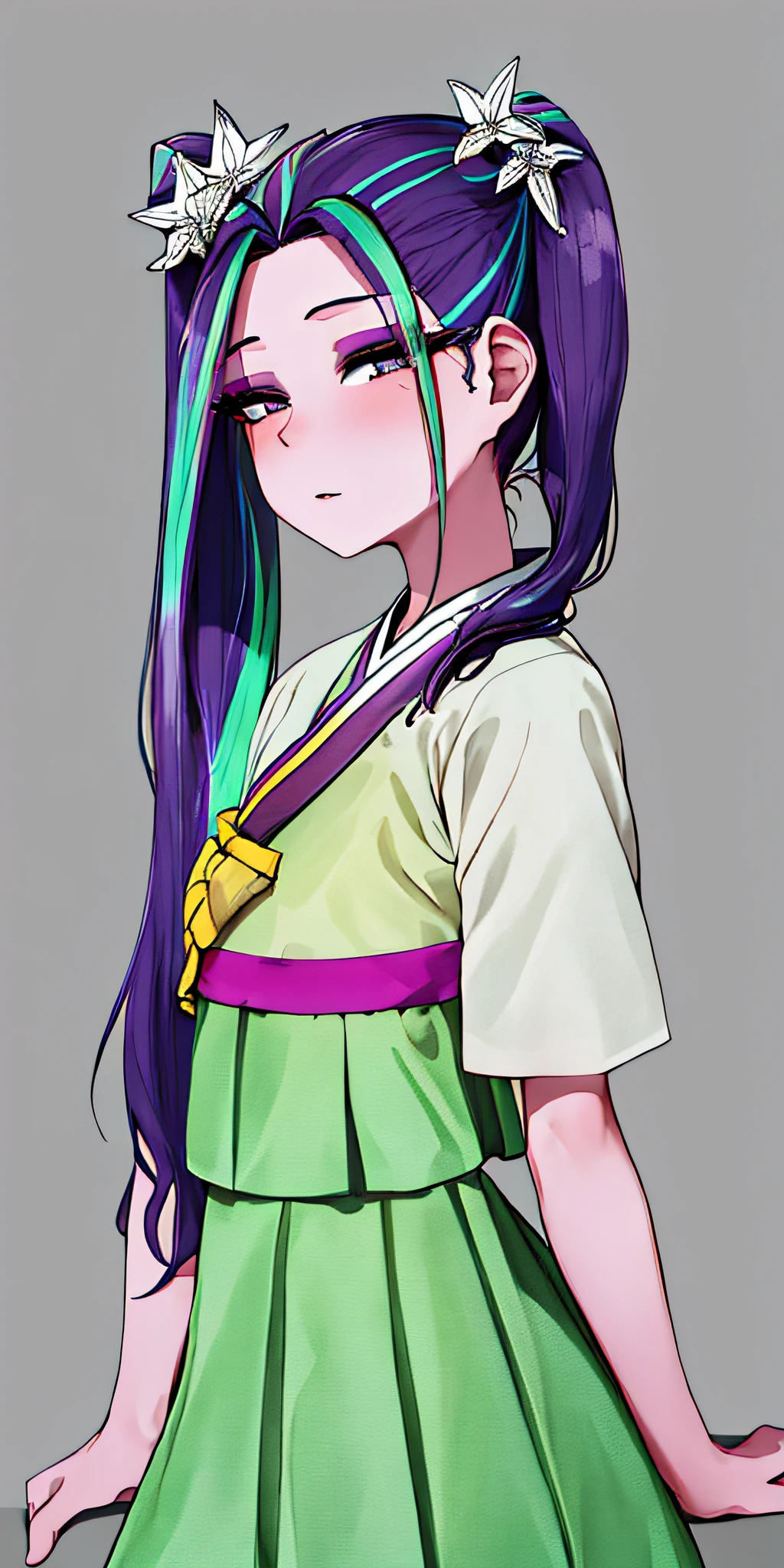 hanbok, mlparia, (side ponytail:1.4), hair ornament, (Best Quality,4k,8K,high resolucion,Masterpiece:1.2),Ultra-detailed,realisitic:1.37,Vivid colors,studio lit, black outline, thick outlines, thin body, thin legs, pov