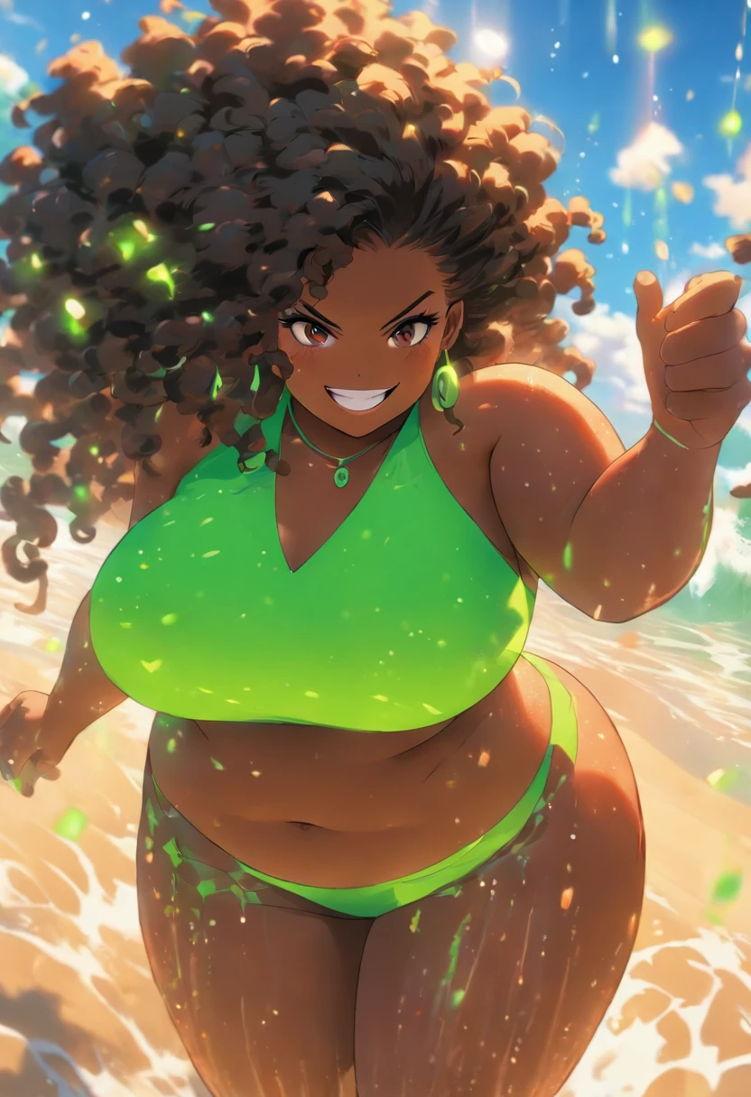 fat girl, obese girl, standing on a beach, shower, huge ass/thighs, sexy afro girl, black braids, wearing neon green bikini with very small boobs, brown glowing eyes, light mocha skin, sexy flirty smile High resolution