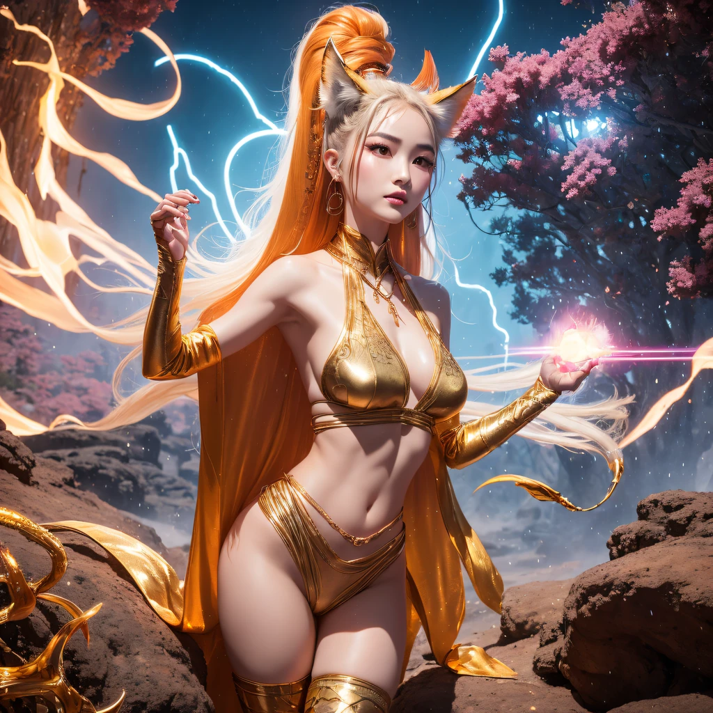 cinematic cgsociety，Flying Nine-Tailed Light Blue Sky Division Flame Long-haired Fox Star，een Erotica，Torch night black golden orange brocade silk snake print silk pants，Rouge diamond tulle sheer lizard-patterned leggings，Fat woman space fly in the snow，Front view，Pure transparency，Wear boxing gloves，Wear thick-framed reflective sunglasses with gold wire，Panorama ultra-wide angle，extremely happy，The texture of the real person is delicate，Strong visual impact，hyper-detailing，Dream girl，Refined face，prettyeyes，Hair strands float in the air， cherry Models，Zhou Xiaotong，crystal-clear，Good sense of perspective，Light and shadow effects，16K smooth，Surface reflected light,，Tropical canyon battle scene、Chinese big breasts、Quaint、three kingdom、ember、100 people、Telephoto vista（CG）、Intense CG battles、high detal、masuter piece、NSFW，Multi-layered long-sleeved gauze garment，Quick-dry vest，Linen sweater，Crocodile skin cape，golden shoulder pads, Silver hammer pattern cape, Burgundy body hair，Water vapor female spy，Shower buttocks green fruit milk jelly flat chest，Pine silk fish net knee brace space dance，Hexagonal prism，Put on a pineapple knife sprinkled with gold，extremely happy，Boundy winter rain（Tropical canyon battle scene）（（Scenes））(Extremely detailed Cg Unity 8K wallpaper,Masterpiece, Best quality, Ultra-detailed)He played Huang Yaoshi in the movie，