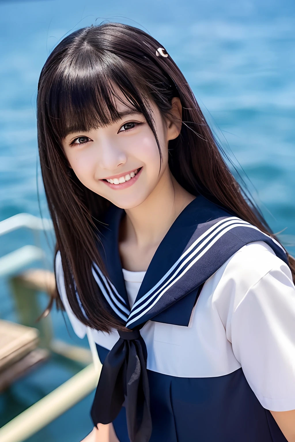 Anime style、a beauty girl、a sailor suit、a smile、Sight seen from above、Cheek cane、A dark-haired、Beautiful eyes、Black eye、The long-haired、slender、dress room