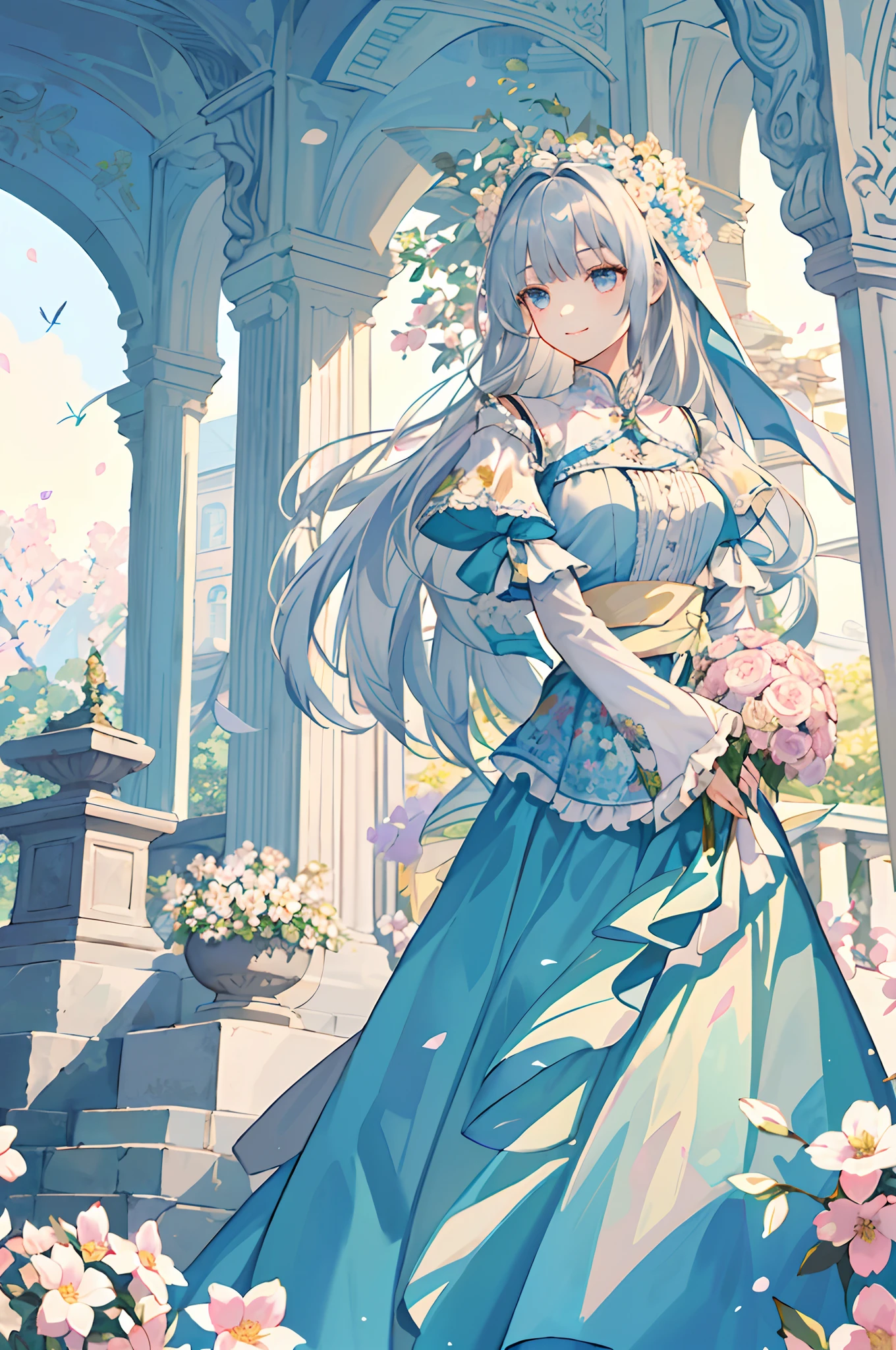 (masterpiece、top-quality、illustratio、Extremely high quality、high-level image quality、Extremely sensitive writing)Girl with long silver hair standing in beautiful flowery garden、A slight smile、She has a large bouquet、Cute national costume style dress with ruffles on the shoulders、Hair fluttering in the wind