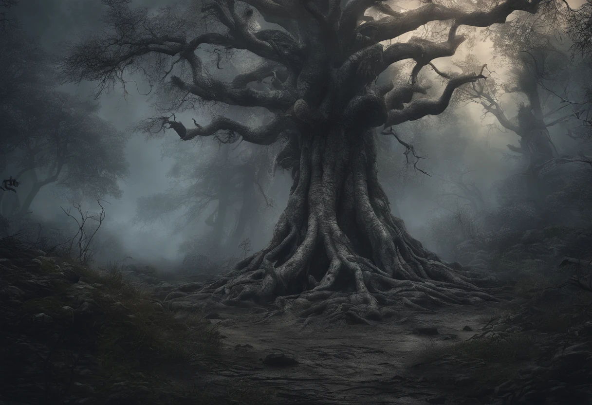 Meilleur paysage jangle, Gloomy forest at night with mists and dry trees, skulls, Ombre, surrealism, beste-Qualit, ultra realist, Definition of highs, Extremely detail-oriented, high saturated, high contrast, шедевр, MACABRE, Gauche, sombre, suicide, pendu, corde