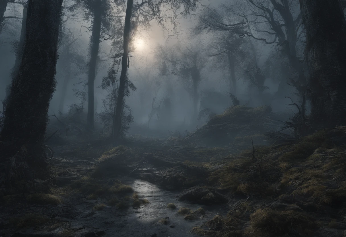 Meilleur paysage jangle, Gloomy forest at night with mists and dry trees, skulls, Ombre, surrealism, beste-Qualit, ultra realist, Definition of highs, Extremely detail-oriented, high saturated, high contrast, шедевр, MACABRE, Gauche, sombre, suicide, pendu, corde