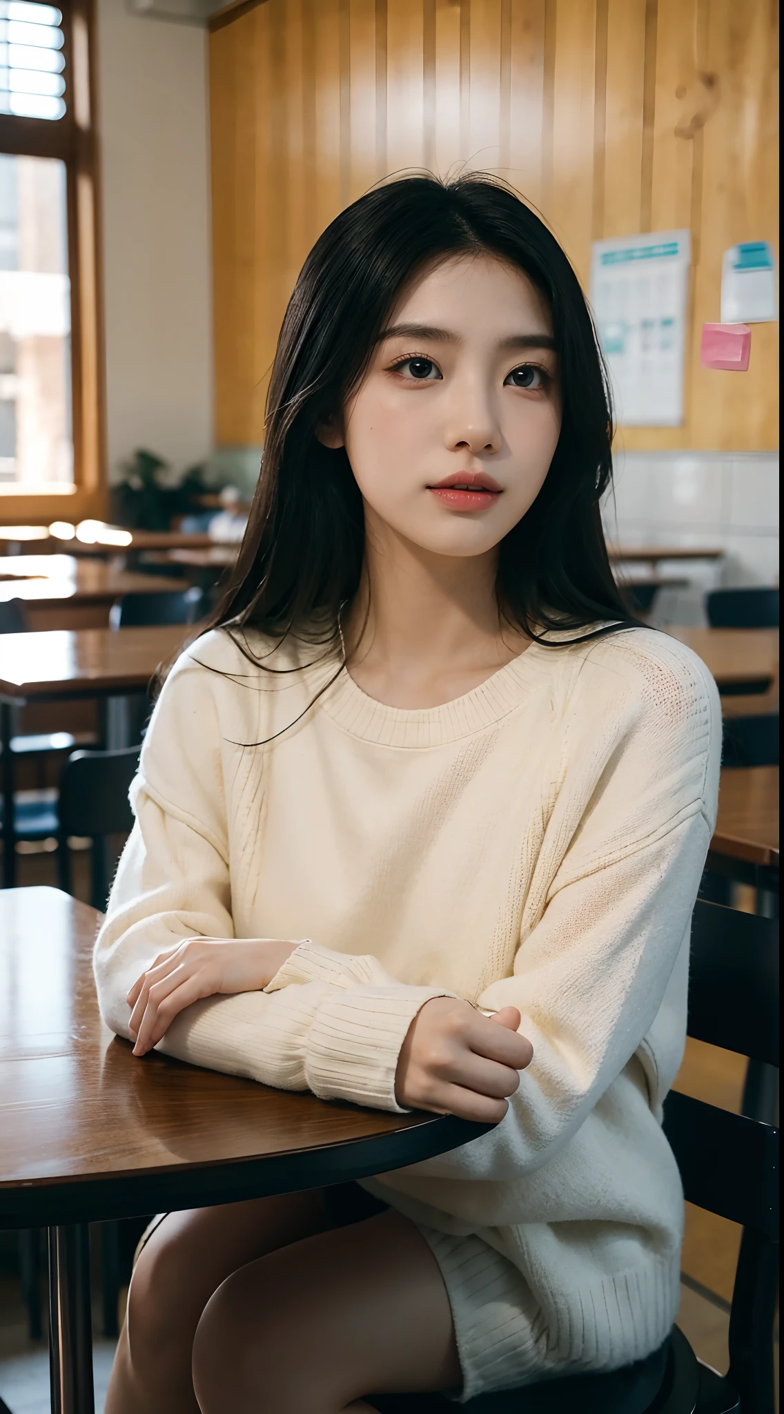 High-res, Realistic portrait of professional Chinese university campus lady with perfect skin,The breath of life should emphasize her sitting and standing posture,Wear a new sky blue school uniform for the fall,Lingerie with a white sweater knit,Beautiful woman sitting at a table in the cafeteria,Medium-sized half-body,Long black hair,Looks confident and cute, Longing for freedom and beauty,Surrounded by the atmosphere of modern school life, Vibrant and naturally lit highlights. The artwork should emphasize her elegant facial features, Including charming long eyes, Fluttering eyelashes and seductive lips. The scene should be enhanced with elements of professionalism and visual appeal,For example, Stylish dining table,Mainframe computers, High-resolution display, and a complex and varied student population,Characters showing a crowd,Highlight the beauty focus, The overall tone should be warm and professional, The sun is shining in the cafeteria,soft sun light,Has a soft and natural color palette. The artwork should exude a sense of professionalism, Success, and cultural pride,The background is blurred out(1.2),