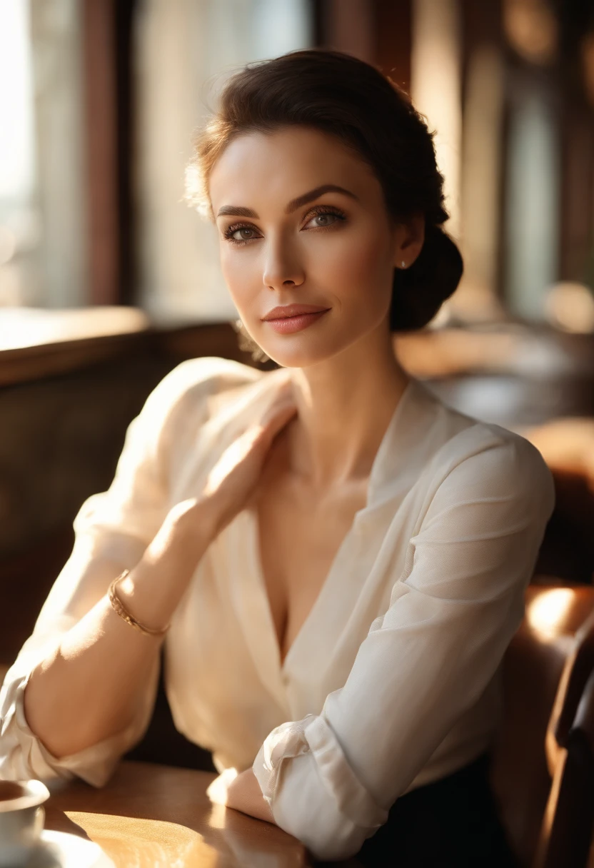 Sitting at a table in a café、sunlight streaming through window、Audrey Hebbern、 Dynamic Pose, Skin Texture,, Shiny skin, (slim, Petite:1.2), [:(sharp focus on face, Detailed face, Perfect eyes, view the viewer:1.2):0.2], Photorealistic, film grains, Best Quality, masutepiece，Mature woman in her 30s、Large valleys、large full breasts、Inviting eyes、high-heels、