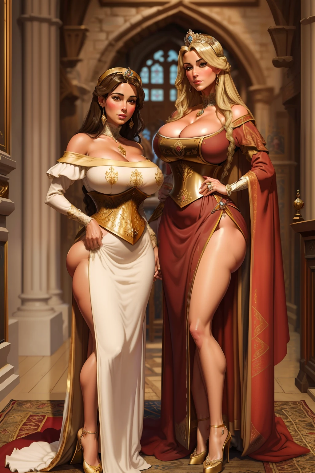 masterpiece, highest quality, (perfect face:1.1) , (high detail:1.1),realistic, masterpiece, best_quality, on the left royal thick mature milf bbw medieval European queen, and her princess petite slim big ass daughter on the right ,theofficalpit art style, realistic faces, both are in royal attire fully clothed medieval, poseing for a painting