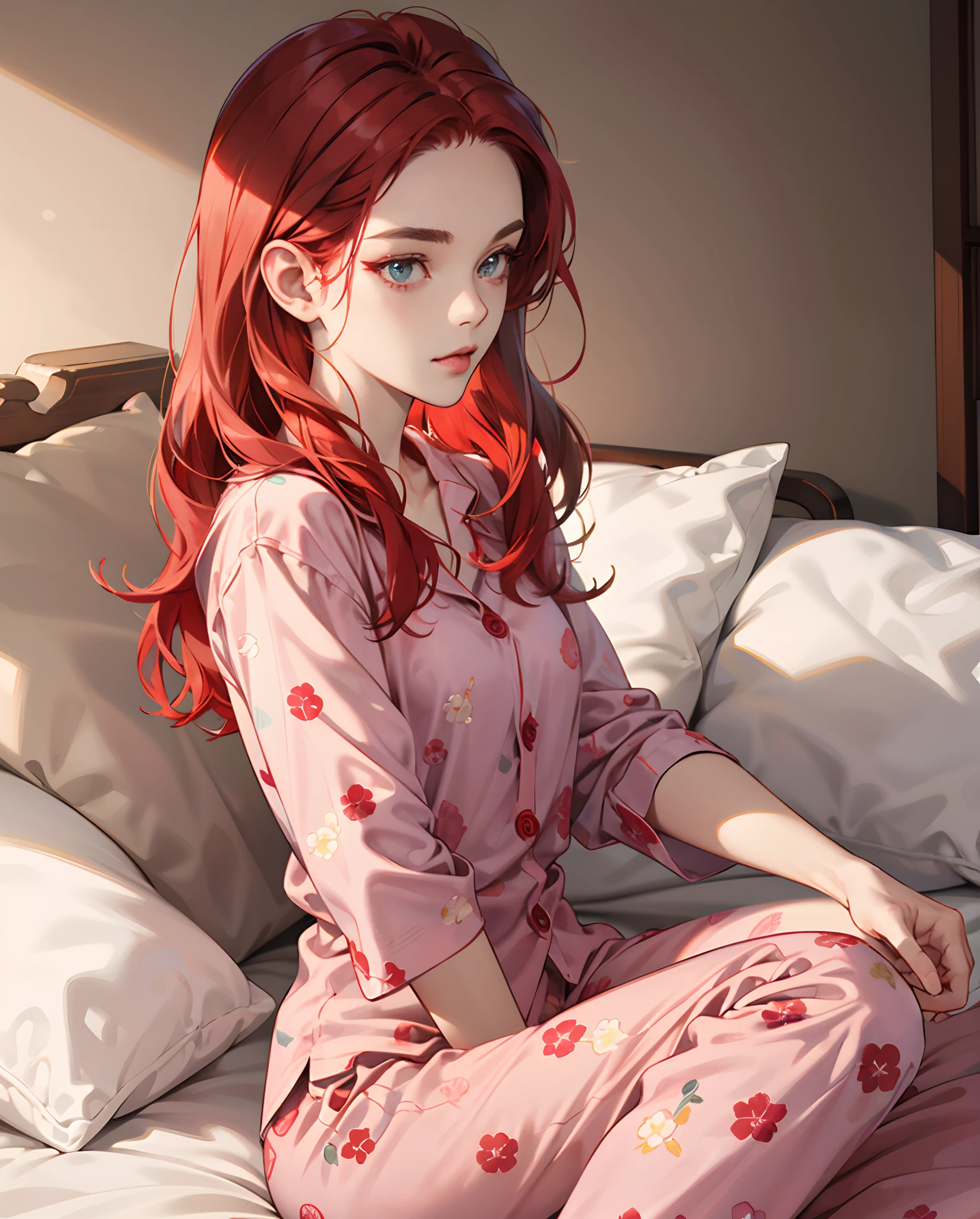 A woman in pink pajamas with a floral print sits on the bed, red-haired girl, beautiful redhead woman, Red-haired woman, Young red-haired girl, short bright red hair, red hair and attractive facial features, anna nikonova aka newmilky, red-haired girl, Redhead, a handsome female, posing in bed, red head, with short red hair, Posing in the room