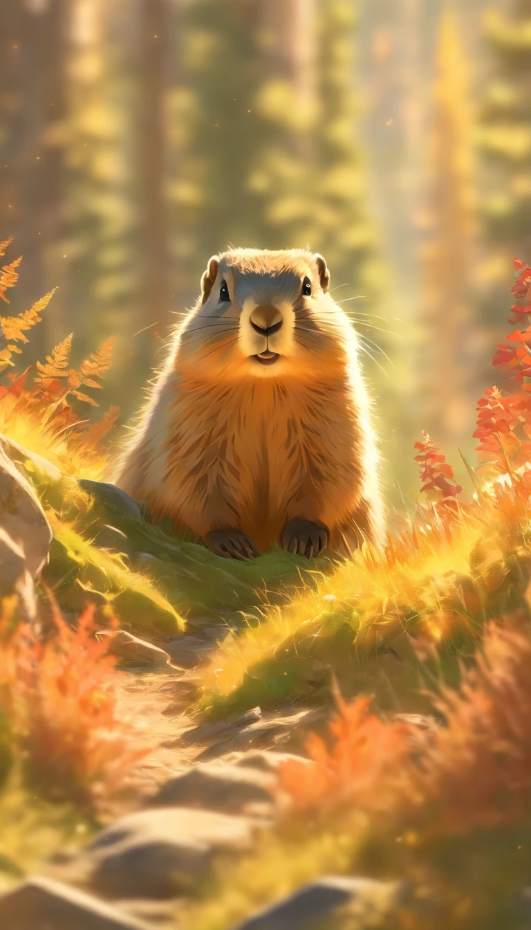 mountain marmot,eating,autumn scenery,fluffy fur,curious expression,furry paws,natural habitat,rocky mountain,alpine vegetation,beautiful landscape,colorful leaves,peaceful atmosphere,sunlit meadow,crisp air,harmonious colors,wildlife photography,vivid colors,sharp focus,realistic,artistic portrait,detailed textures,soft sunlight,playful behavior,hiding in the grass,watchful eyes,gorgeous nature scene,ferns and mosses,fresh mountain air,surrounded by trees,calm and serene environment,motionless posture,hidden wildlife,remote wilderness,exploring the surroundings,observing nature,harmonious coexistence with nature,natural camouflage,striking contrast,unspoiled beauty