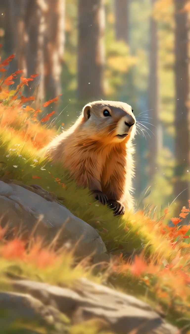mountain marmot,eating,autumn scenery,fluffy fur,curious expression,furry paws,natural habitat,rocky mountain,alpine vegetation,beautiful landscape,colorful leaves,peaceful atmosphere,sunlit meadow,crisp air,harmonious colors,wildlife photography,vivid colors,sharp focus,realistic,artistic portrait,detailed textures,soft sunlight,playful behavior,hiding in the grass,watchful eyes,gorgeous nature scene,ferns and mosses,fresh mountain air,surrounded by trees,calm and serene environment,motionless posture,hidden wildlife,remote wilderness,exploring the surroundings,observing nature,harmonious coexistence with nature,natural camouflage,striking contrast,unspoiled beauty