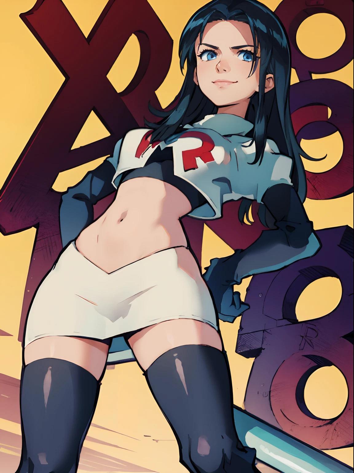 nico robin,rocket,team rocket uniform, red letter R, white skirt,white crop top,black thigh-highs,black elbow gloves, looking down on you , hands on hips, smile