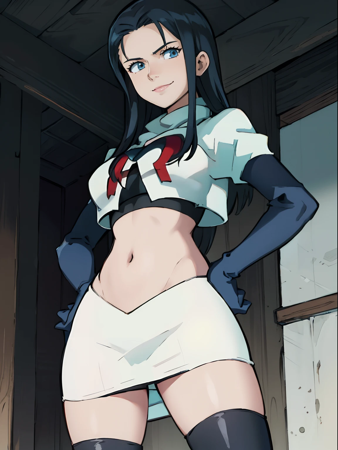 nico robin,rocket,team rocket uniform, red letter R, white skirt,white crop top,black thigh-highs,black elbow gloves, looking down on you , hands on hips, smile