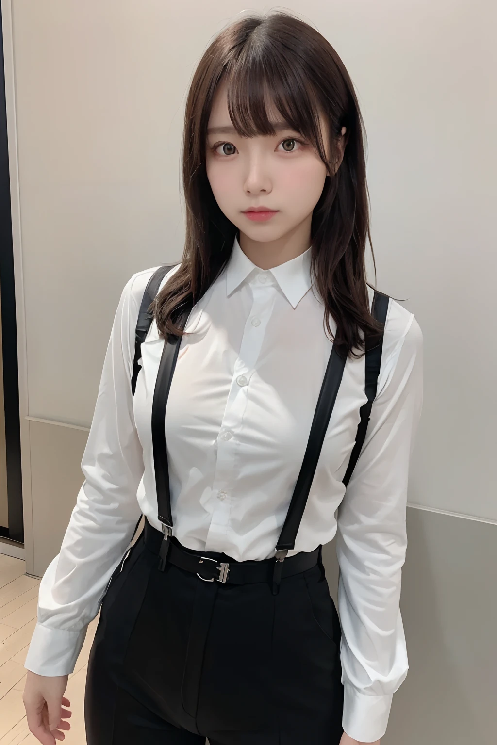 ​masterpiece、flat-colors、depth of fields、lens flare 1 girl、、Brown hair、watching at viewers　　　　a belt　black suspenders　Social OL　　　Too large breasts　　　 　 Armpit sweat　perspiring　Side of both hands　　walls: Black Suit　Black pants, Black jacket