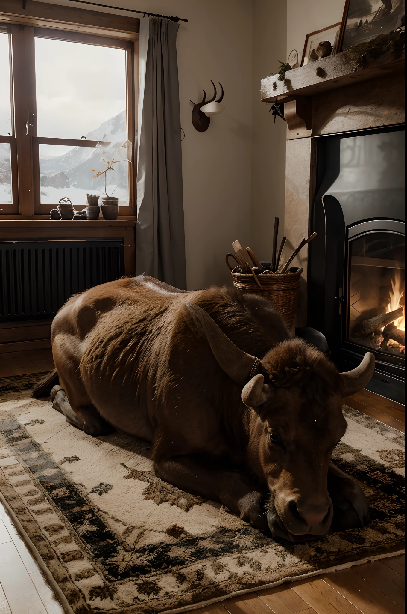 3 huge mature authentic detailed Buffalos animal lying resting inside vintage living room, on a carpet beside a lighted open fireplace, harsh stormy arctic winterweather outside with icicles hanging down from the roof in front of the window, 8k photorealistic