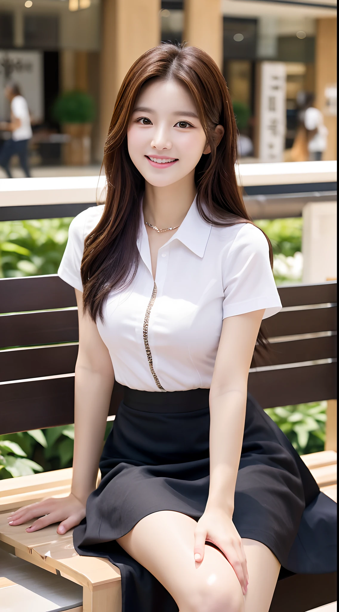 Realistic photos of (1 cute Korean star) medium hair, slightly smile, 32 inch breasts size,wearing white shirt, black skirt, sitting on a bench in the shopping mall, close-up, UHD